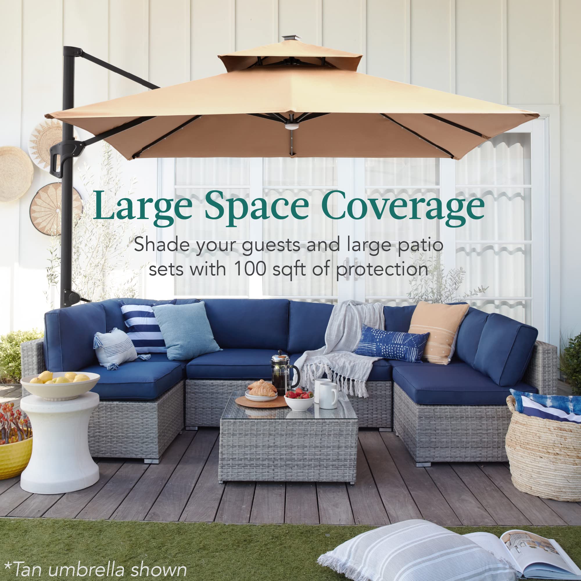 Best Choice Products 10x10ft Cantilever Patio Umbrella w/Base Included, Solar LED Lights 360 Rotation Large Offset Hanging Outdoor Shade for Deck Pool Backyard w/Stand – Navy Blue - Image 3