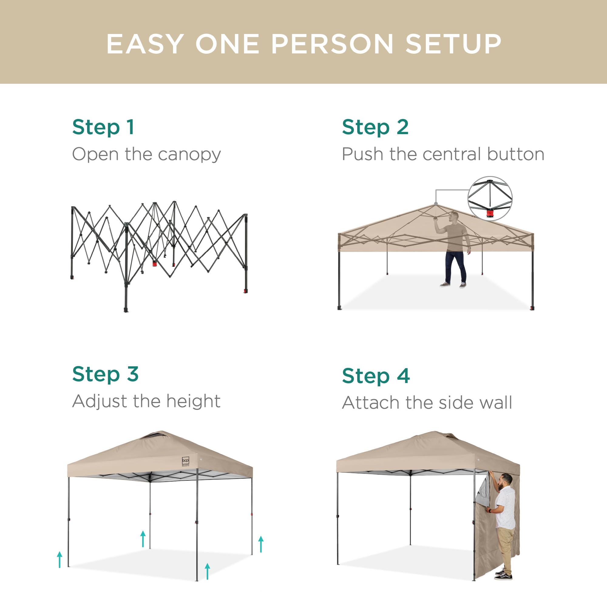 Best Choice Products 10x10ft Pop Up Canopy Tent with Sidewall, 1 Person 1 Minute Set Up, Carry Case, 4 Weight Bags - Sand - Image 3