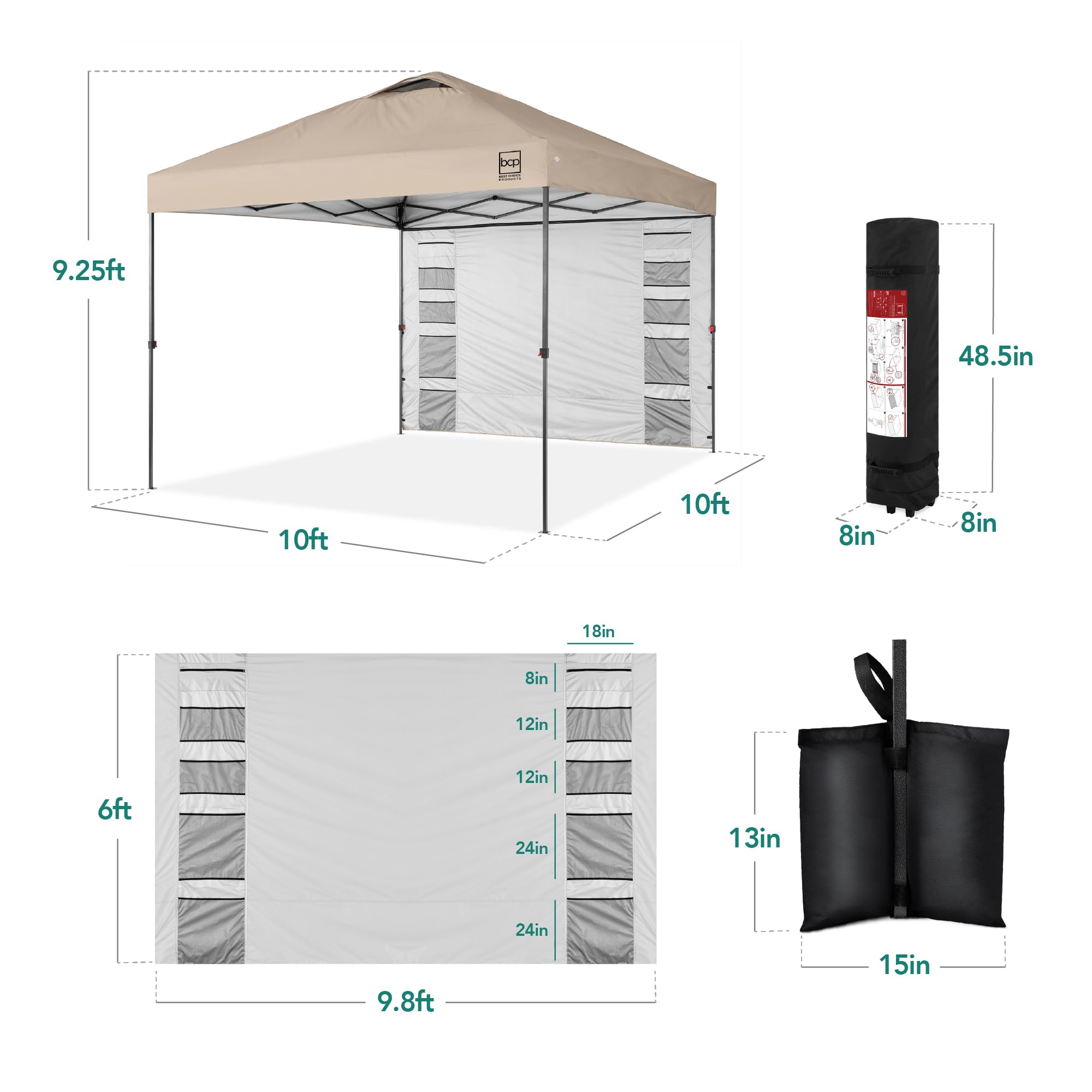 Best Choice Products 10x10ft Pop Up Canopy Tent with Sidewall, 1 Person 1 Minute Set Up, Carry Case, 4 Weight Bags - Sand - Image 8