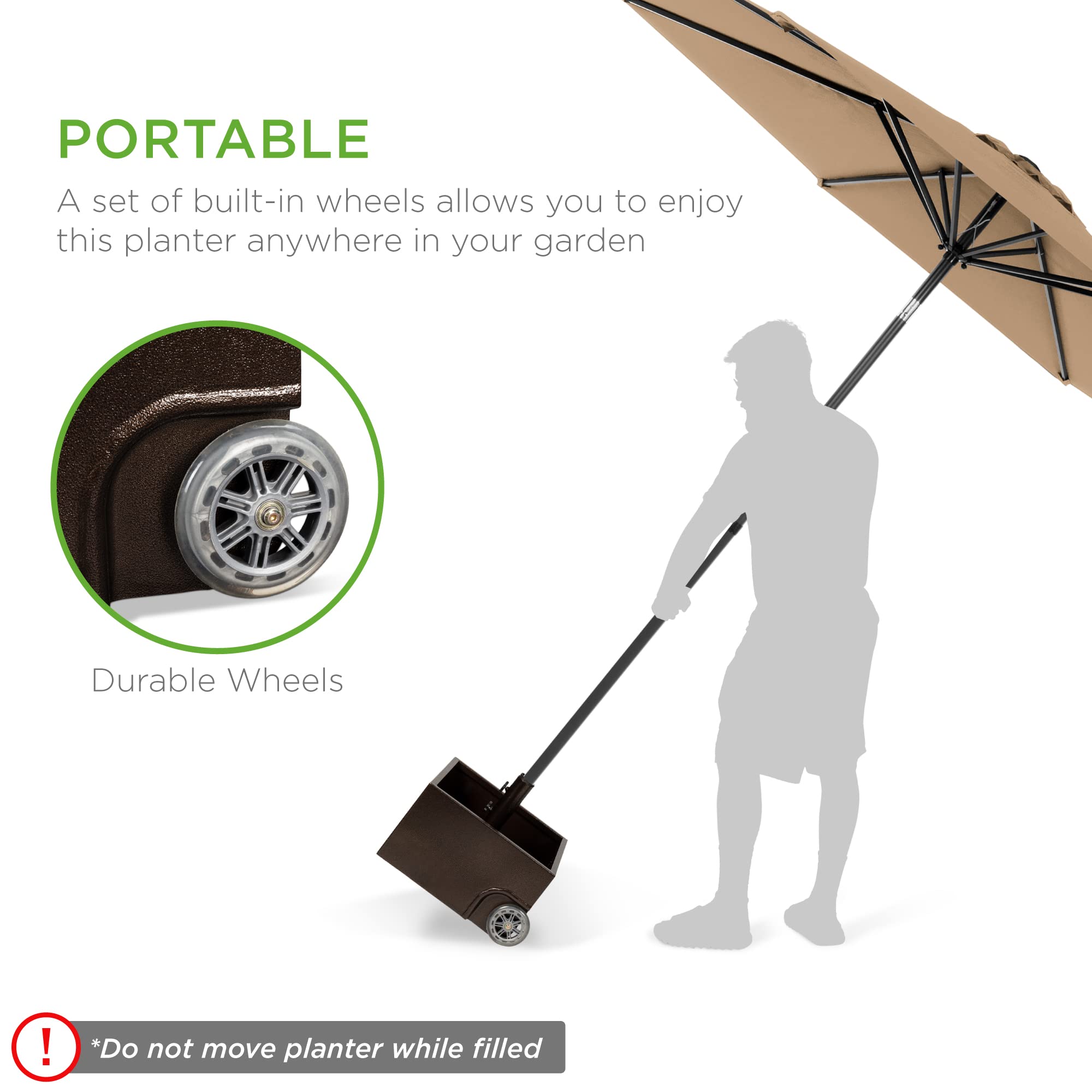 Best Choice Products 150lb Capacity Portable Steel Umbrella Base Stand for Outdoor, Patio, Garden, Market w/Fillable Planter, Drainage, 2 Adjustment Knobs, Handle, Wheels - Image 4