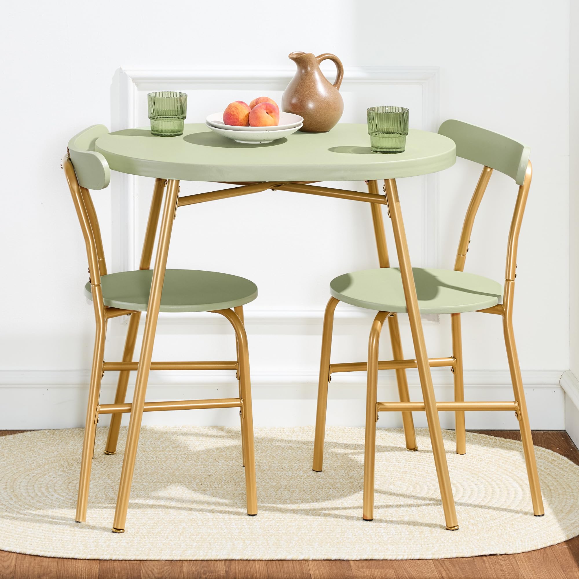 Best Choice Products 3-Piece Oval Dining Table Set, Modern Small Kitchen Dinette w/ 2 Chairs, Metal Frame, Curved Backrests - Sage Green/Gold - Image 4