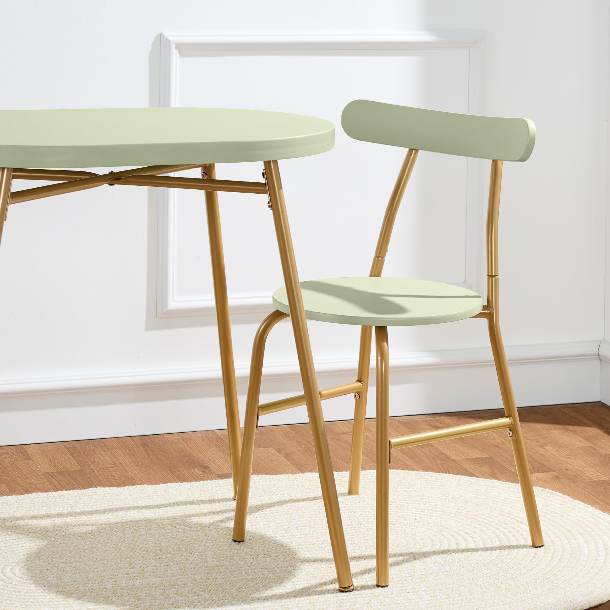 Best Choice Products 3-Piece Oval Dining Table Set, Modern Small Kitchen Dinette w/ 2 Chairs, Metal Frame, Curved Backrests - Sage Green/Gold - Image 6