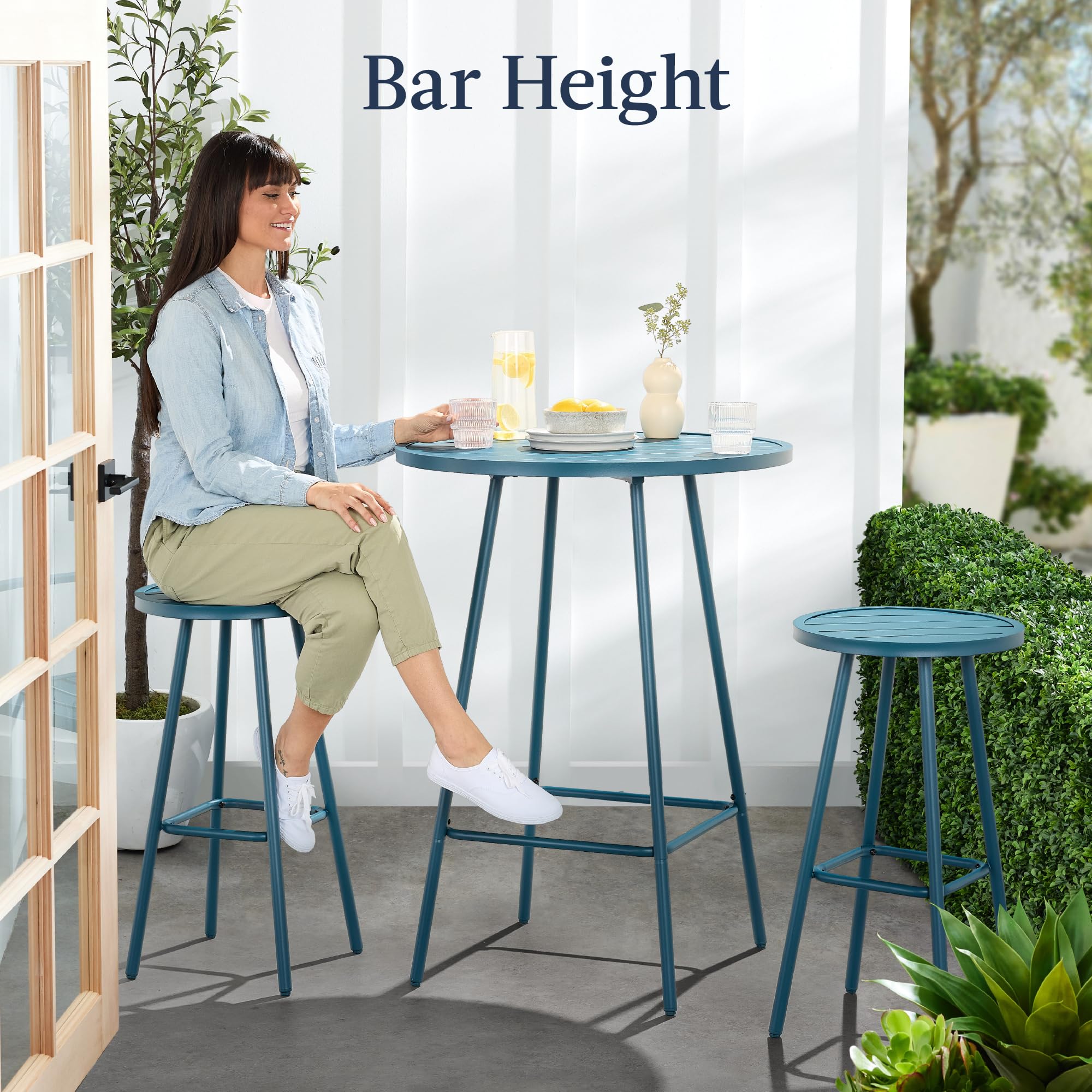 Best Choice Products 3-Piece Patio Dining Set, Bar Height, Outdoor Bistro Set, Outdoor Round Bar Table w/ 2 Bar Stools, Steel - Peacock Blue - Image 3