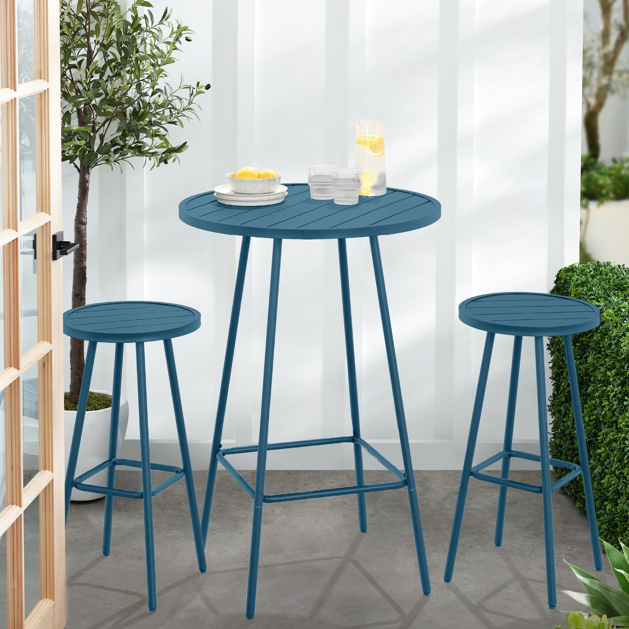 Best Choice Products 3-Piece Patio Dining Set, Bar Height, Outdoor Bistro Set, Outdoor Round Bar Table w/ 2 Bar Stools, Steel - Peacock Blue - Image 7