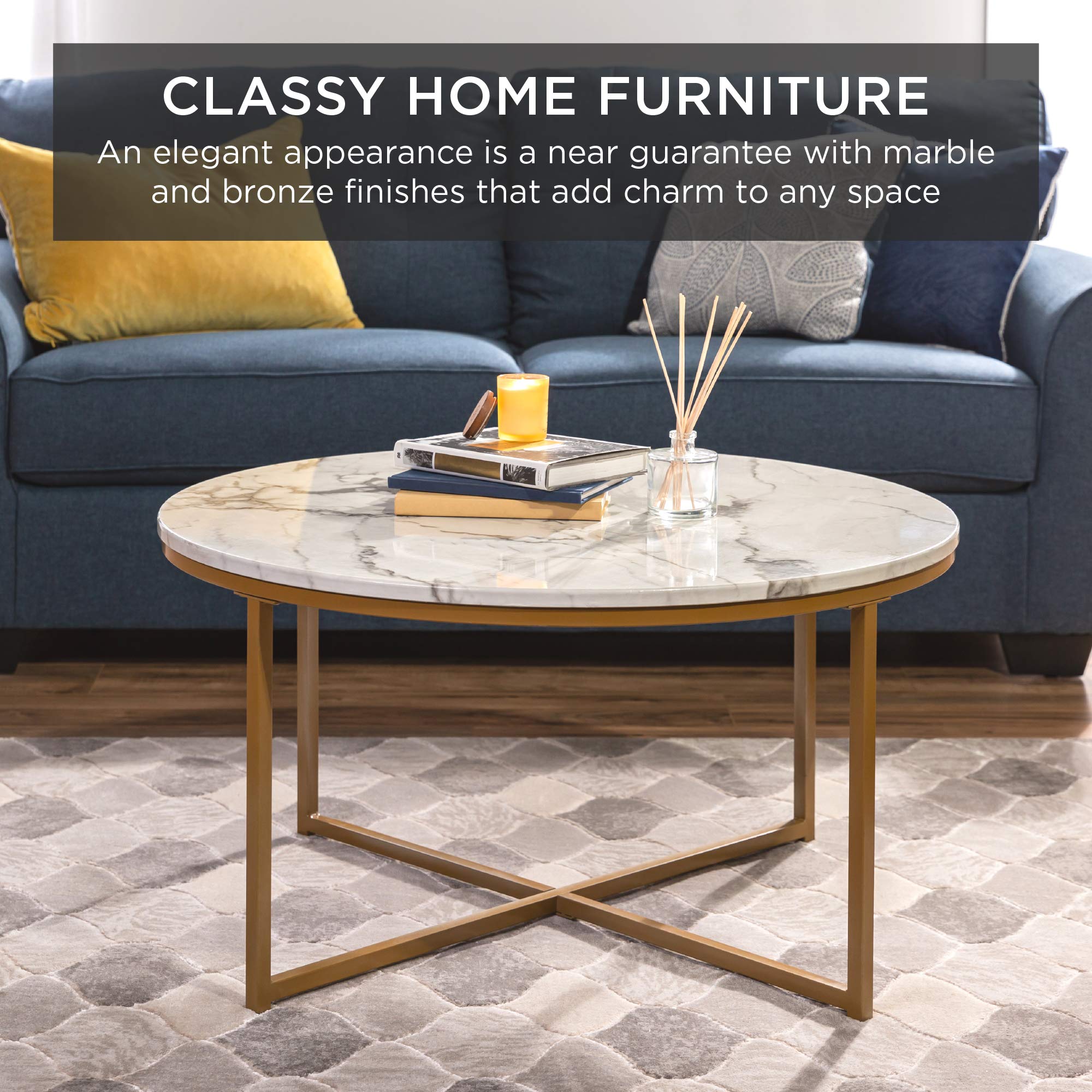 Best Choice Products 36in Faux Marble Accent Table, Modern End Table, Large Coffee Table Home Decor for Living Room, Dining Room, Tea, Coffee w/Metal Frame, Foot Caps, Designer - White/Gold - Image 3