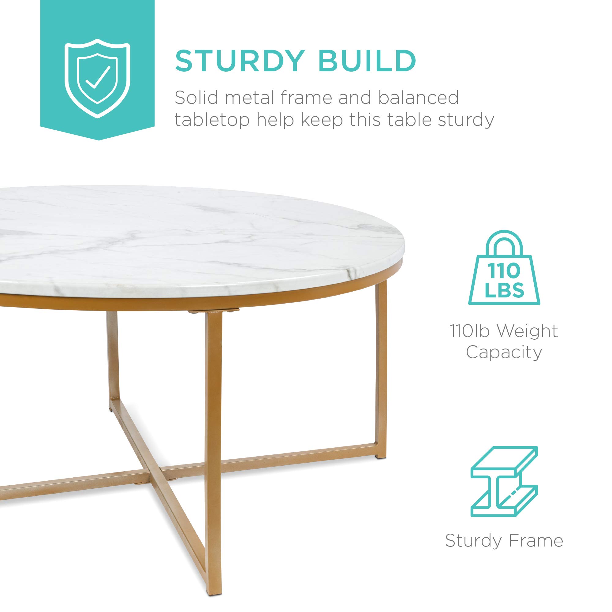 Best Choice Products 36in Faux Marble Accent Table, Modern End Table, Large Coffee Table Home Decor for Living Room, Dining Room, Tea, Coffee w/Metal Frame, Foot Caps, Designer - White/Gold - Image 4