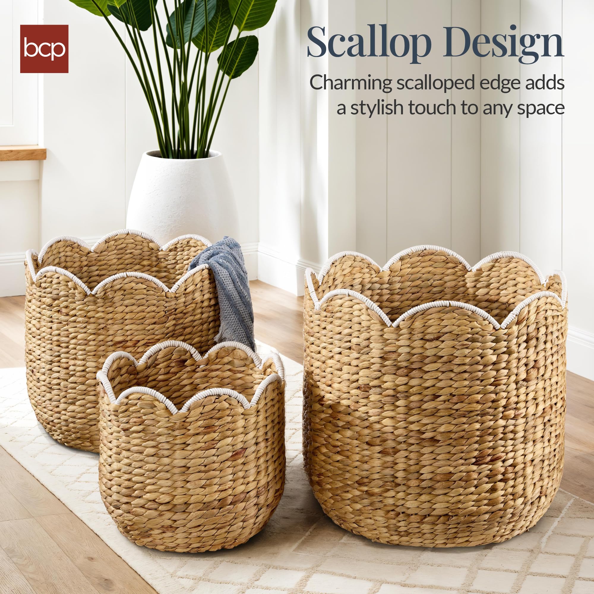 Best Choice Products 3pc Water Hyacinth Scalloped Multipurpose Nesting Baskets, Storage Bin Organization Totes for Living Room, Bedroom, Nursery, Laundry Room - Natural w/White Trim - Image 3