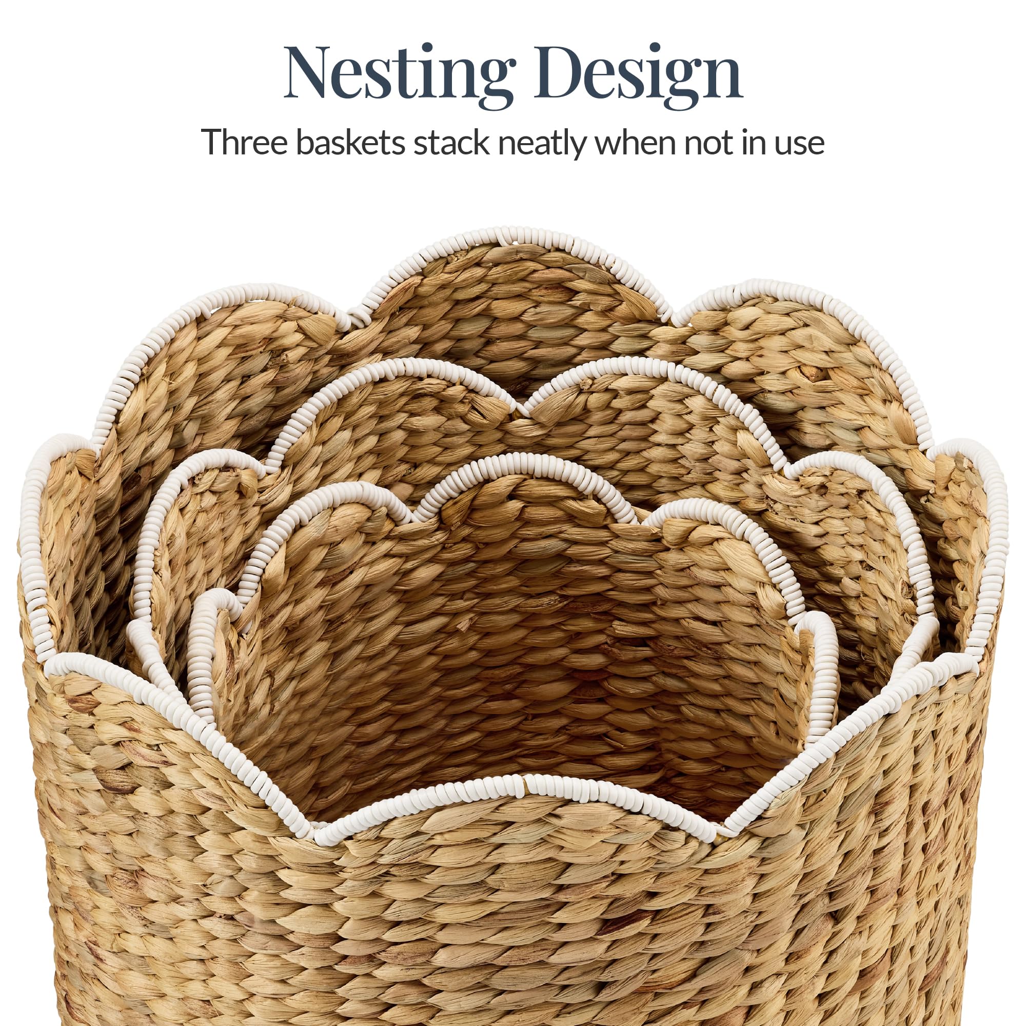Best Choice Products 3pc Water Hyacinth Scalloped Multipurpose Nesting Baskets, Storage Bin Organization Totes for Living Room, Bedroom, Nursery, Laundry Room - Natural w/White Trim - Image 5