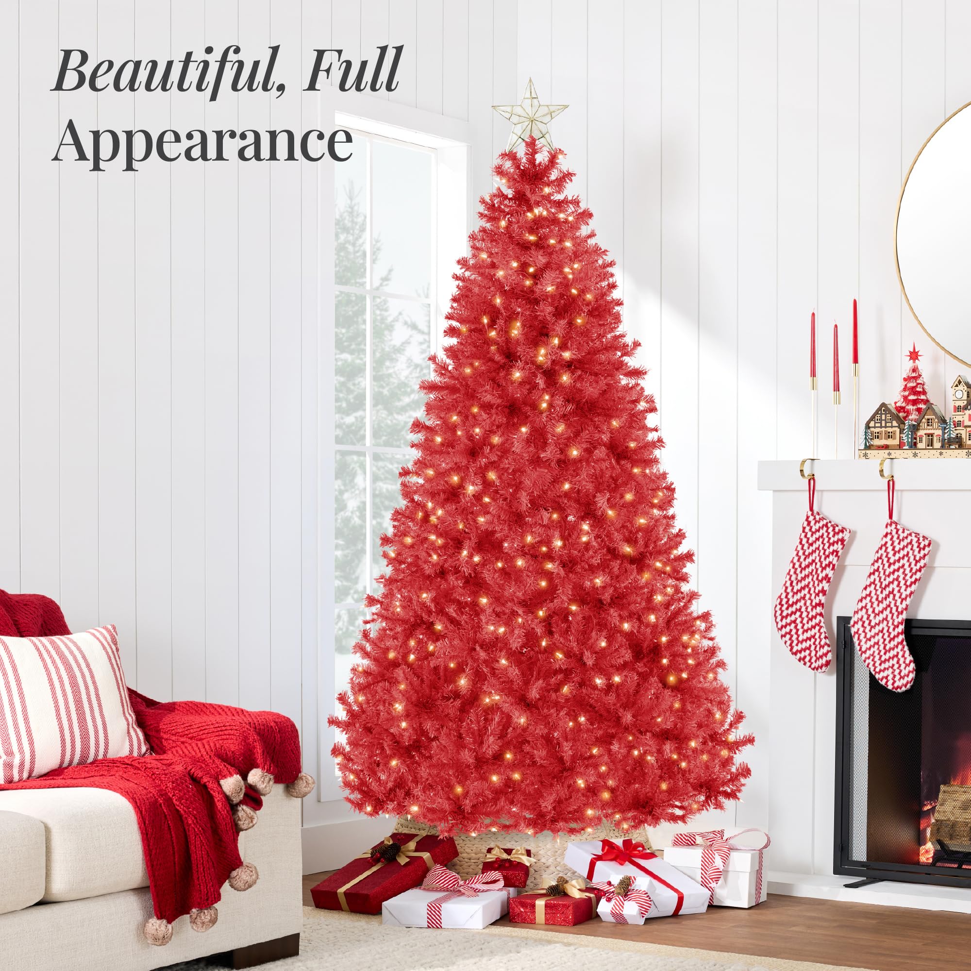 Best Choice Products 7.5ft Pre-Lit Red Christmas Tree, Full Artificial Holiday Decoration w/ 1,350 Branch Tips, 550 Lights, Foldable Base - Image 3
