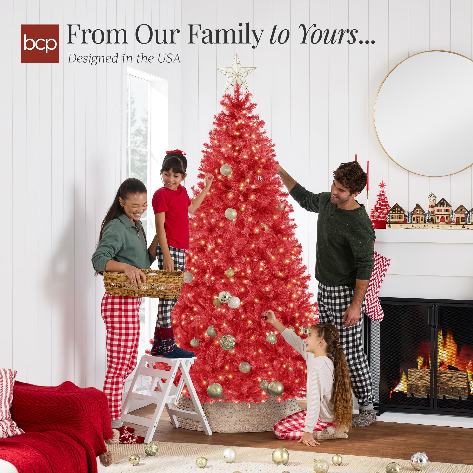 Best Choice Products 7.5ft Pre-Lit Red Christmas Tree, Full Artificial Holiday Decoration w/ 1,350 Branch Tips, 550 Lights, Foldable Base - Image 4