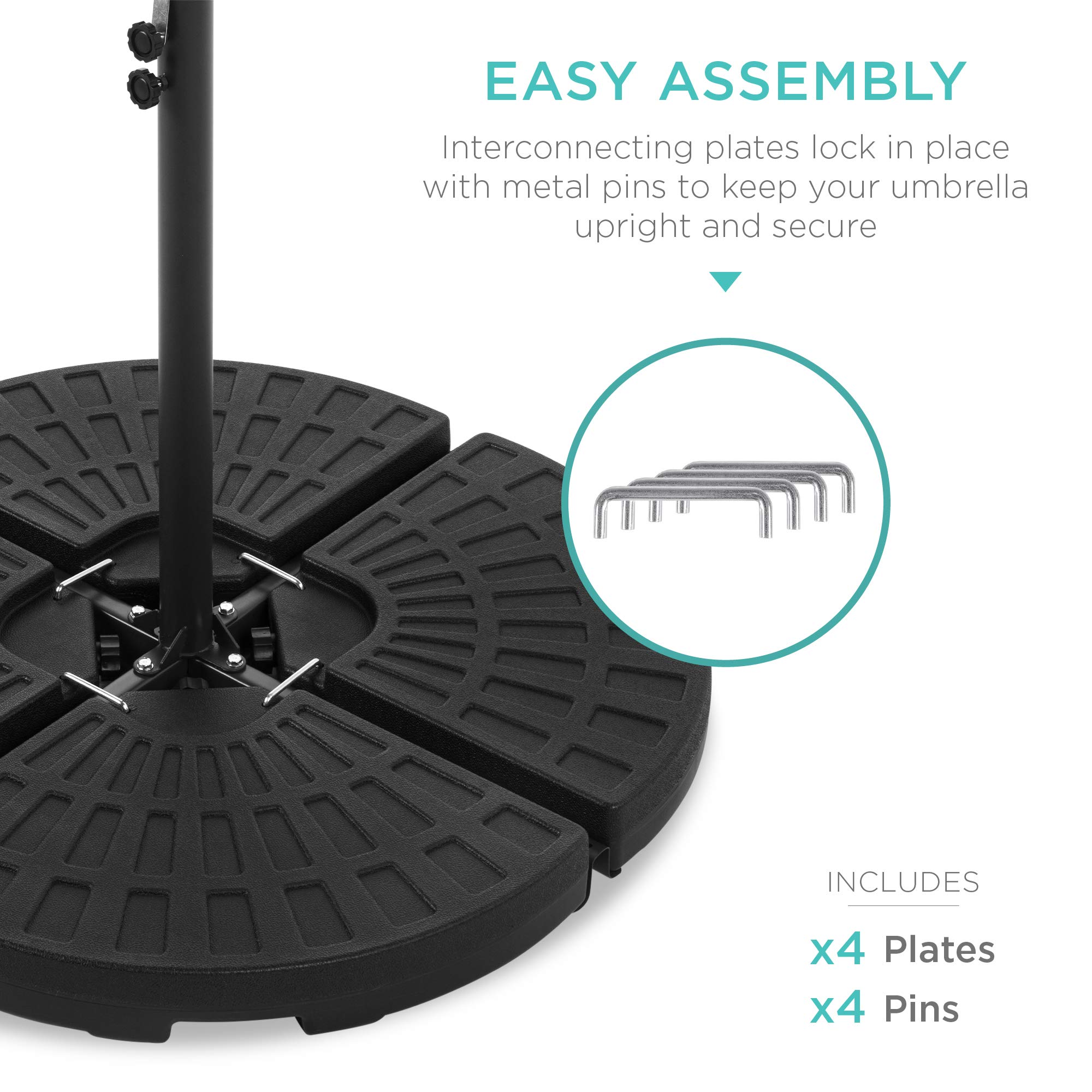 Best Choice Products 4-Piece 158lb Capacity Cantilever Offset Patio Umbrella Circular Base Stand w/Carry Handles, Easy-Fill Spouts, Base Connector Hooks, UV Stability - Black - Image 4