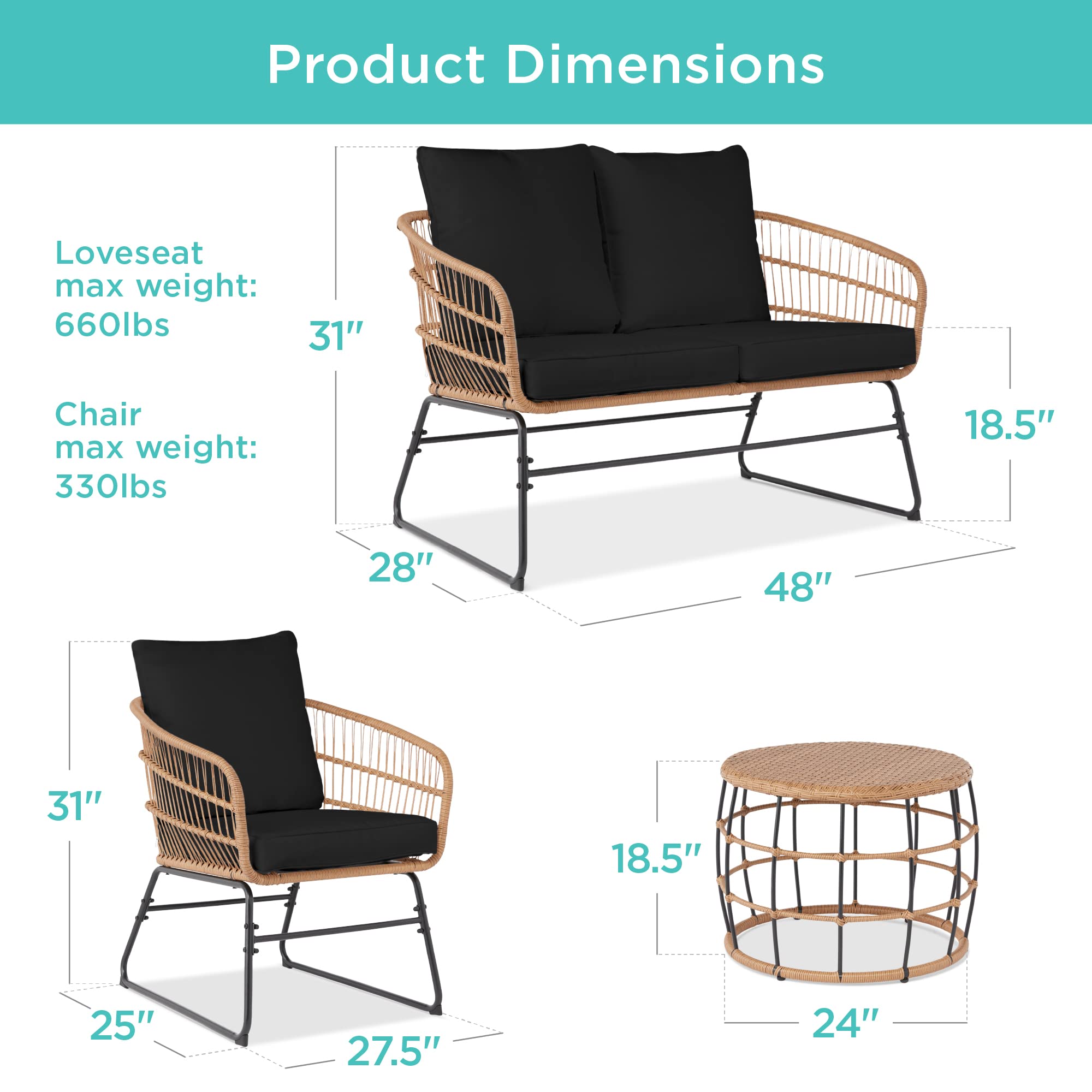 Best Choice Products 4-Piece Outdoor Rope Wicker Patio Conversation Set, Modern Contemporary Furniture for Backyard, Balcony, Porch w/Loveseat, Plush Cushions, Coffee Table, Steel Frame - Black - Image 7