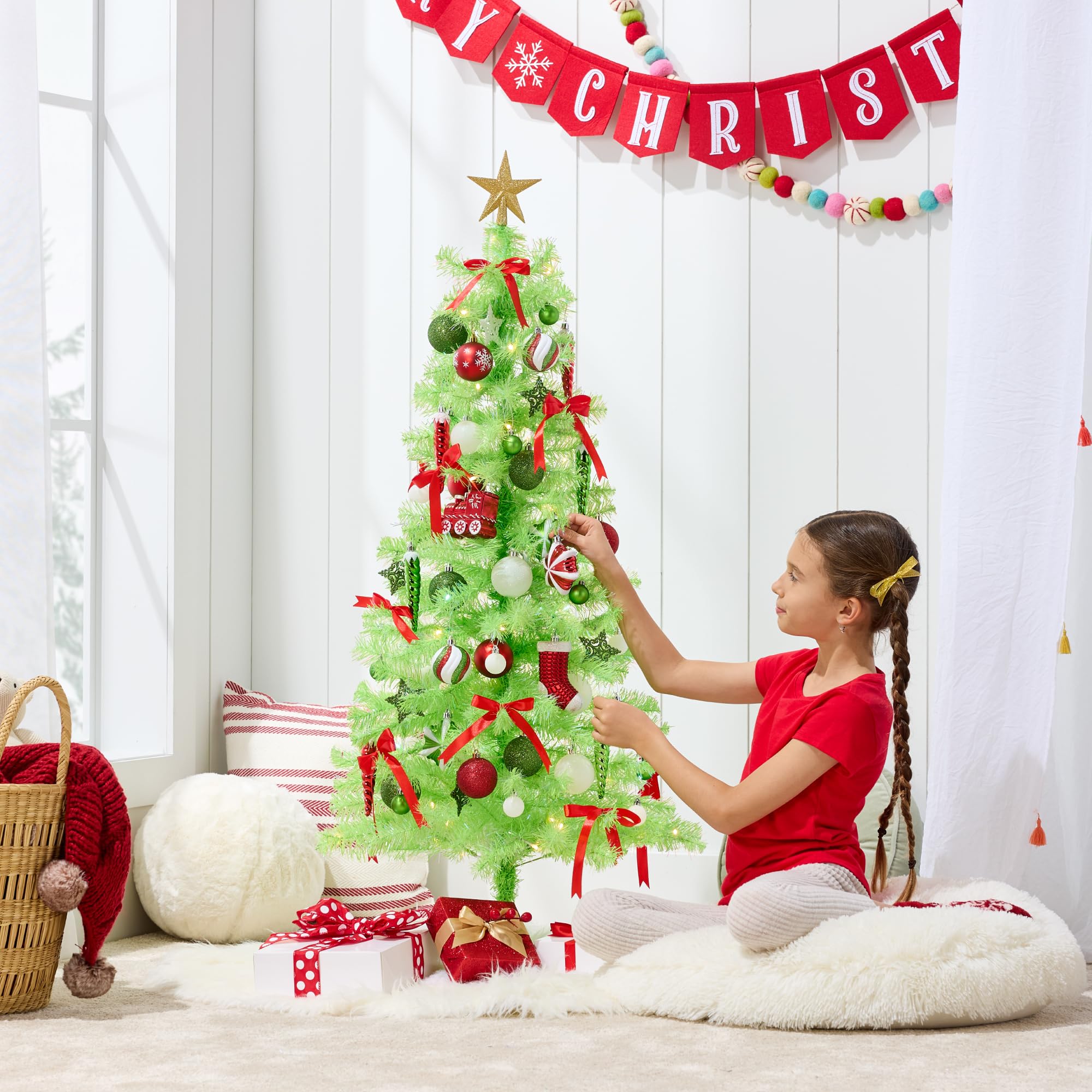 Best Choice Products 4ft Pre-lit Christmas Tree, Artificial Mini Tree Perfect for Kids, Apartments, Bedroom with Twinkling LED Lights - Lime Green - Image 4
