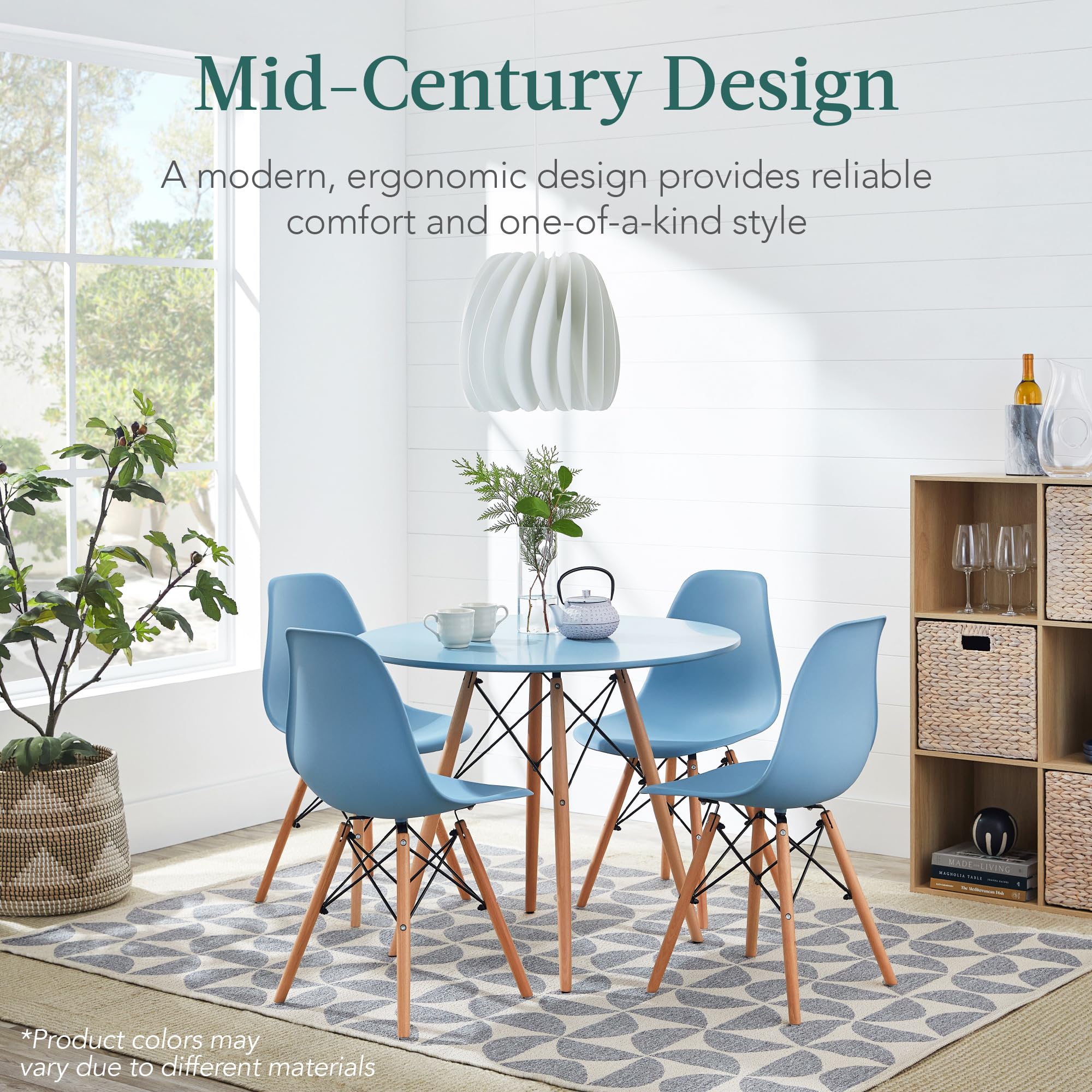 Best Choice Products 5-Piece Dining Set, Compact Mid-Century Modern Table & Chair Set for Home, Apartment w/ 4 Chairs, Plastic Seats, Wooden Legs, Metal Frame - Blue/Oak - Image 3