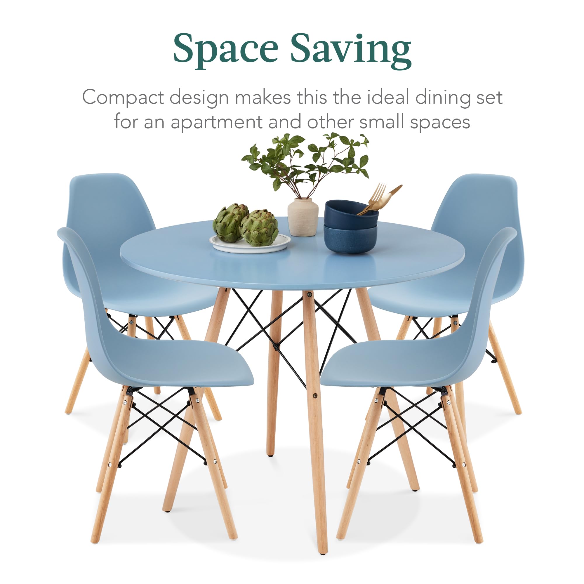 Best Choice Products 5-Piece Dining Set, Compact Mid-Century Modern Table & Chair Set for Home, Apartment w/ 4 Chairs, Plastic Seats, Wooden Legs, Metal Frame - Blue/Oak - Image 6
