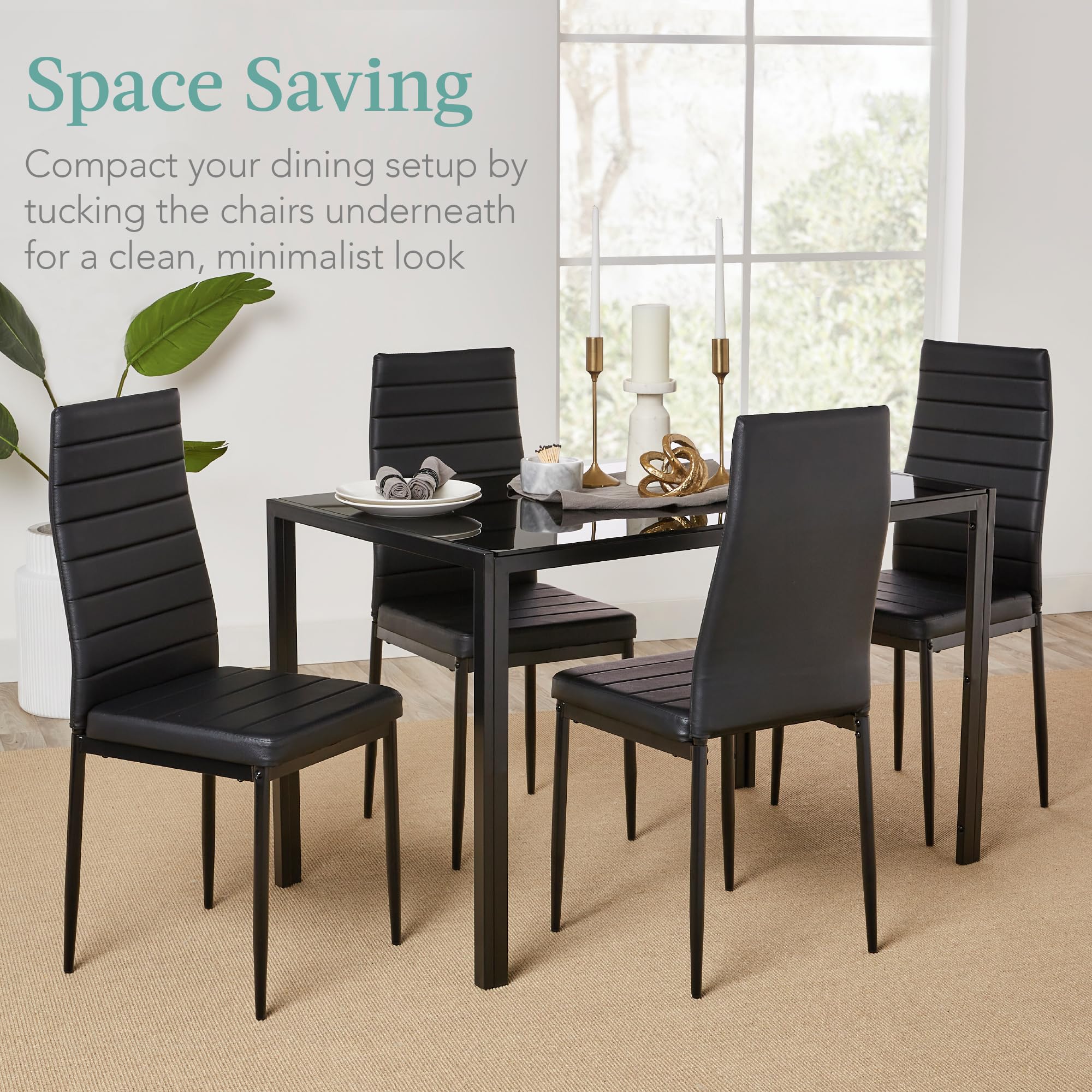 Best Choice Products 5-Piece Glass Dining Set, Modern Kitchen Table Furniture for Dining Room, Dinette, Compact Space-Saving w/Glass Tabletop, 4 Upholstered PU Chairs, Metal Steel Frame - Black - Image 6