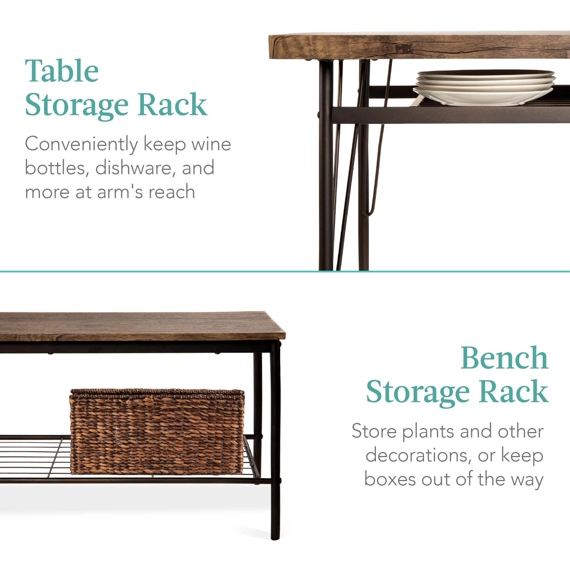 Best Choice Products 6-Piece 55in Modern Dining Set for Home, Kitchen, Dining Room w/Storage Racks, Rectangular Table, Bench, 4 Chairs, Steel Frame - Brown - Image 3
