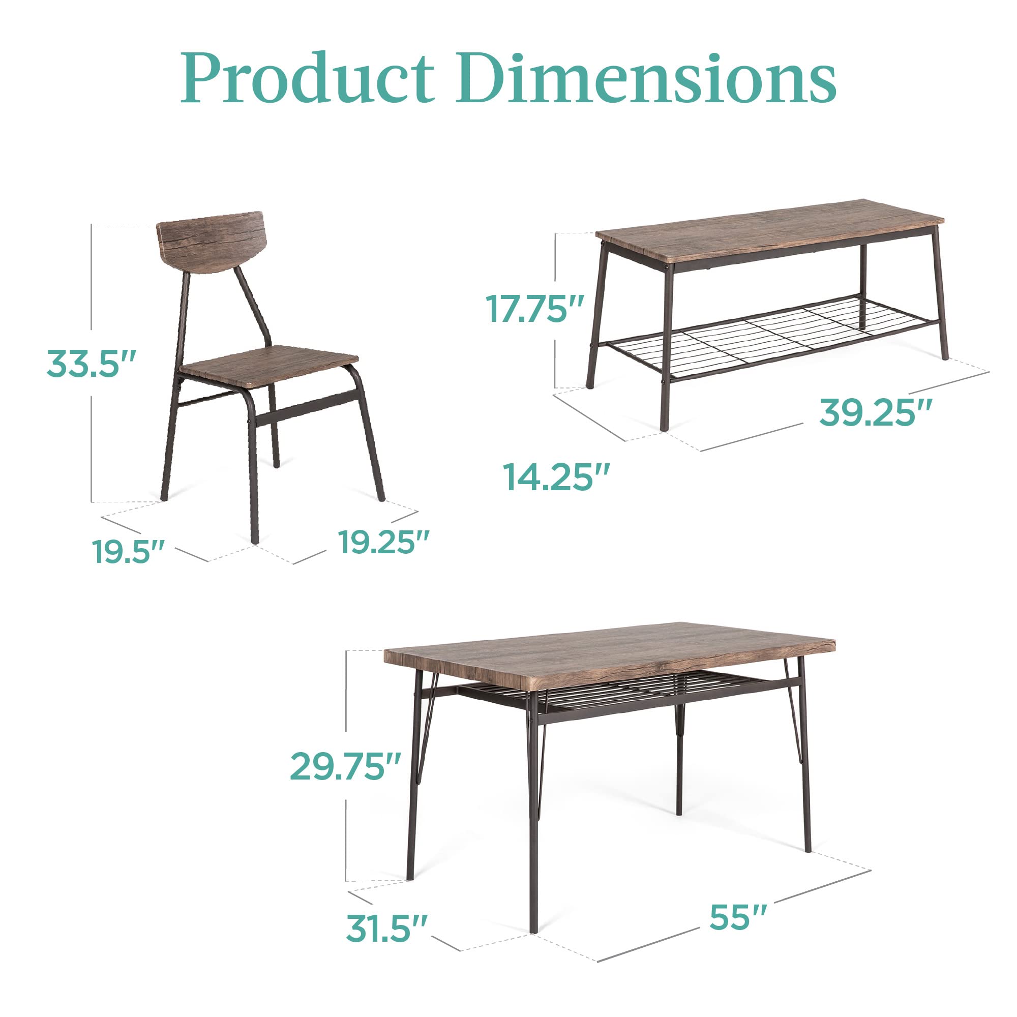 Best Choice Products 6-Piece 55in Modern Dining Set for Home, Kitchen, Dining Room w/Storage Racks, Rectangular Table, Bench, 4 Chairs, Steel Frame - Brown - Image 7