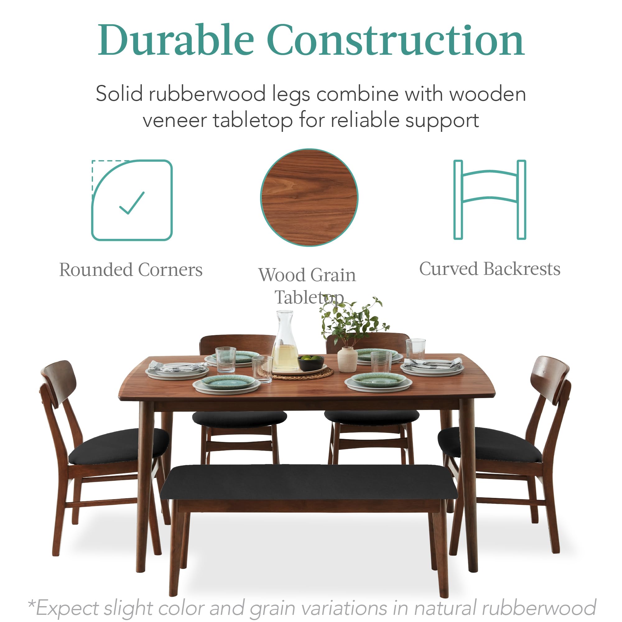 Best Choice Products 6-Piece Wooden Dining Set, Mid-Century Modern Table & Upholstered Chair Set w/Bench Seat, Rubberwood Legs - Walnut/Charcoal - Image 4