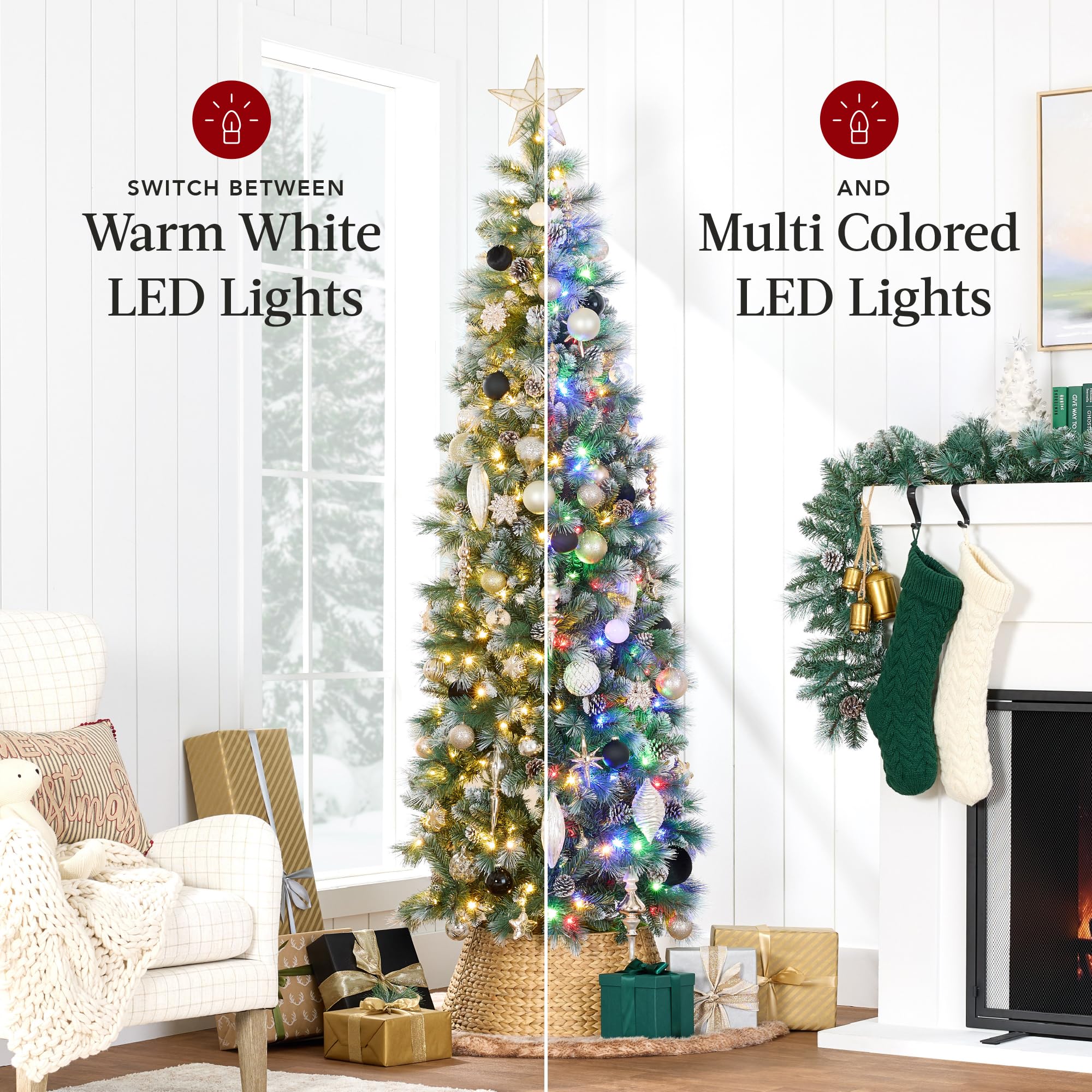 Best Choice Products 7.5ft Pre-lit Pencil Christmas Tree, Frosted Scotch Pine Slim Holiday Tree Decoration, Skinny Xmas Tree w/White & Multicolor LED Lights, Foldable Stand - Image 4