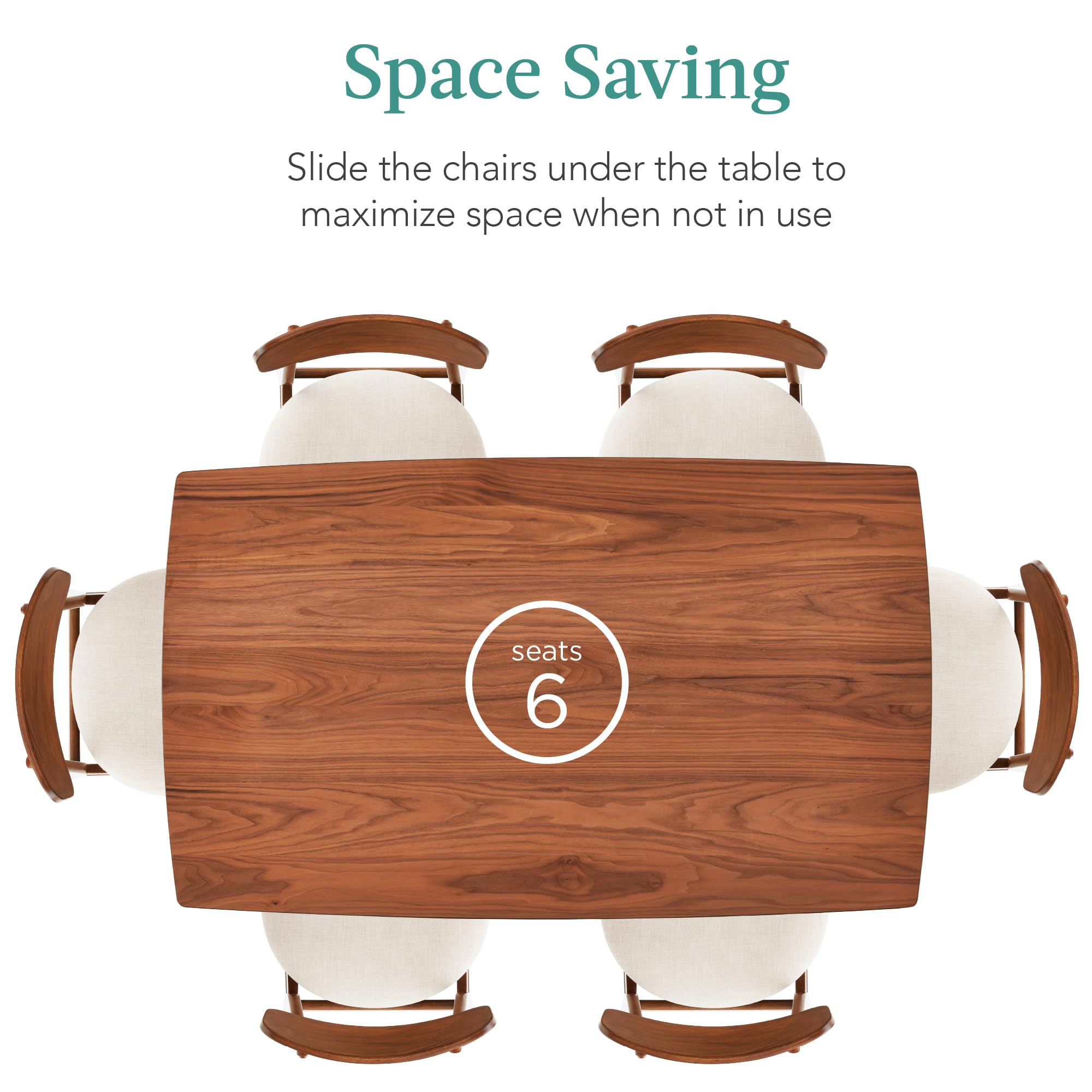 Best Choice Products 7-Piece Wooden Dining Room Table Set, Mid-Century Modern, Kitchen Table w/ 6 Chairs, Upholstered Cushions, Curved Backrests, Rounded Table Corners - Walnut/Cream - Image 3