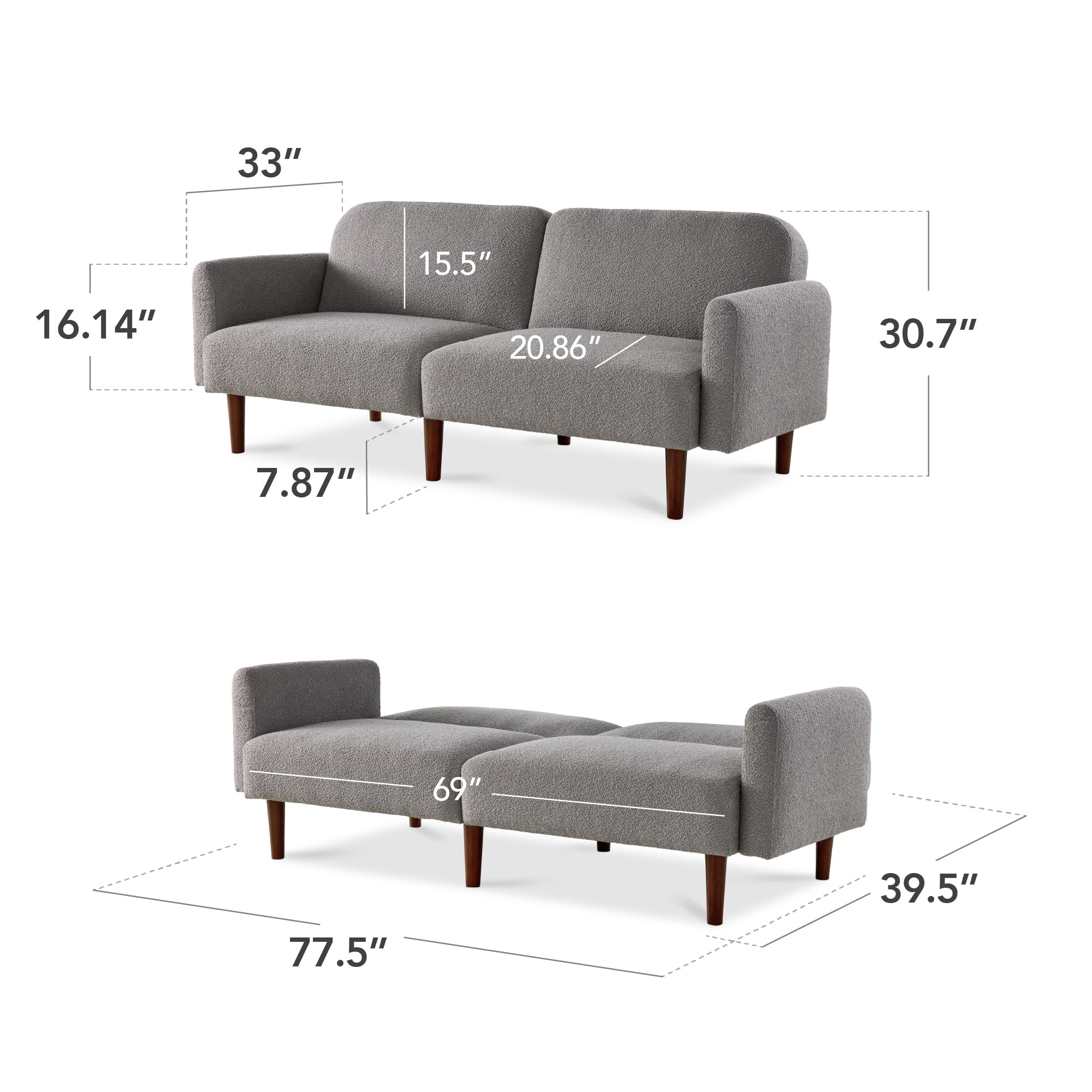 Best Choice Products 77" Mid Century Modern Boucle Loveseat Sofa, Couch, Convertible Sofa Sleeper Bed w/Real Wood, Removable Armrest - Storm Gray - Image 3