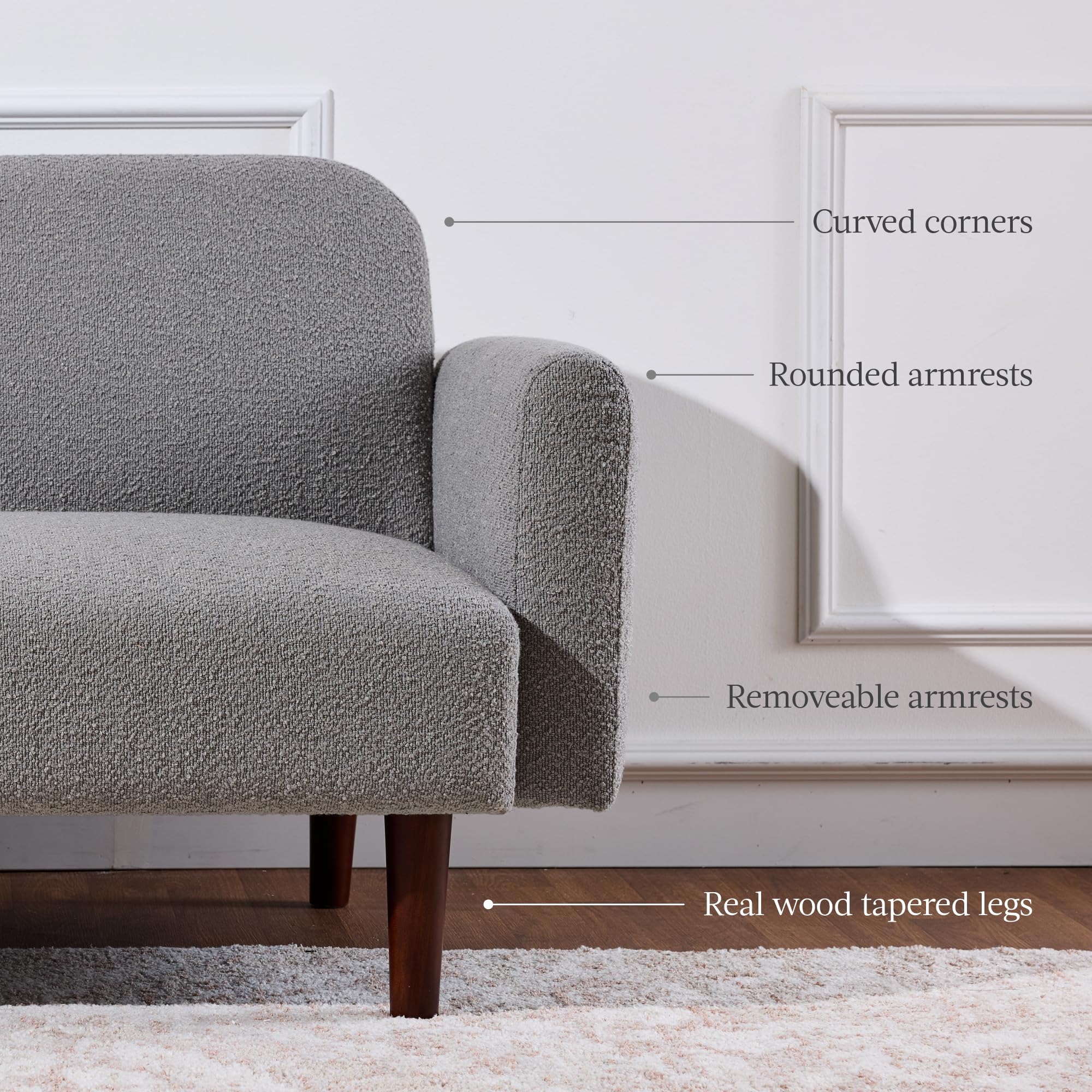 Best Choice Products 77" Mid Century Modern Boucle Loveseat Sofa, Couch, Convertible Sofa Sleeper Bed w/Real Wood, Removable Armrest - Storm Gray - Image 4