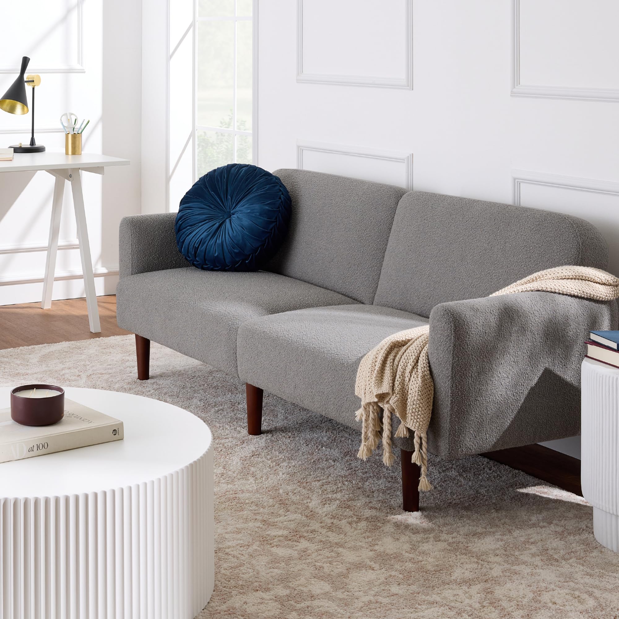 Best Choice Products 77" Mid Century Modern Boucle Loveseat Sofa, Couch, Convertible Sofa Sleeper Bed w/Real Wood, Removable Armrest - Storm Gray - Image 9
