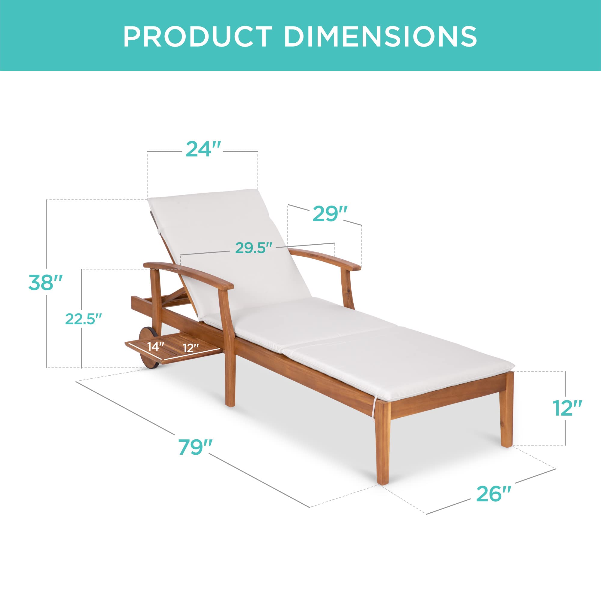 Best Choice Products 79x26in Acacia Wood Chaise Lounge Chair Recliner, Outdoor Furniture for Patio, Poolside w/Slide-Out Side Table, Foam-Padded Cushion, Adjustable Backrest, Wheels - Cream - Image 3