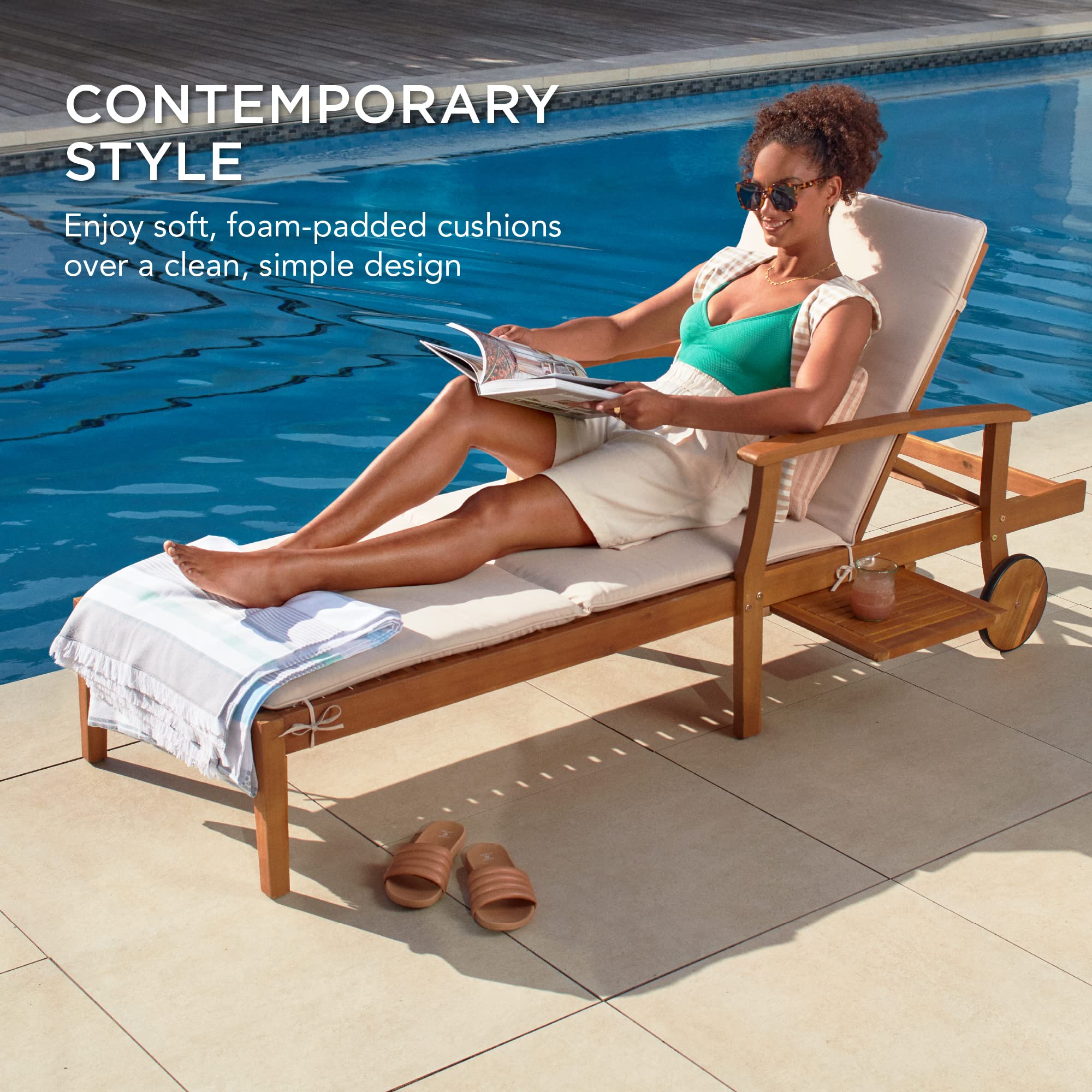 Best Choice Products 79x26in Acacia Wood Chaise Lounge Chair Recliner, Outdoor Furniture for Patio, Poolside w/Slide-Out Side Table, Foam-Padded Cushion, Adjustable Backrest, Wheels - Cream - Image 4