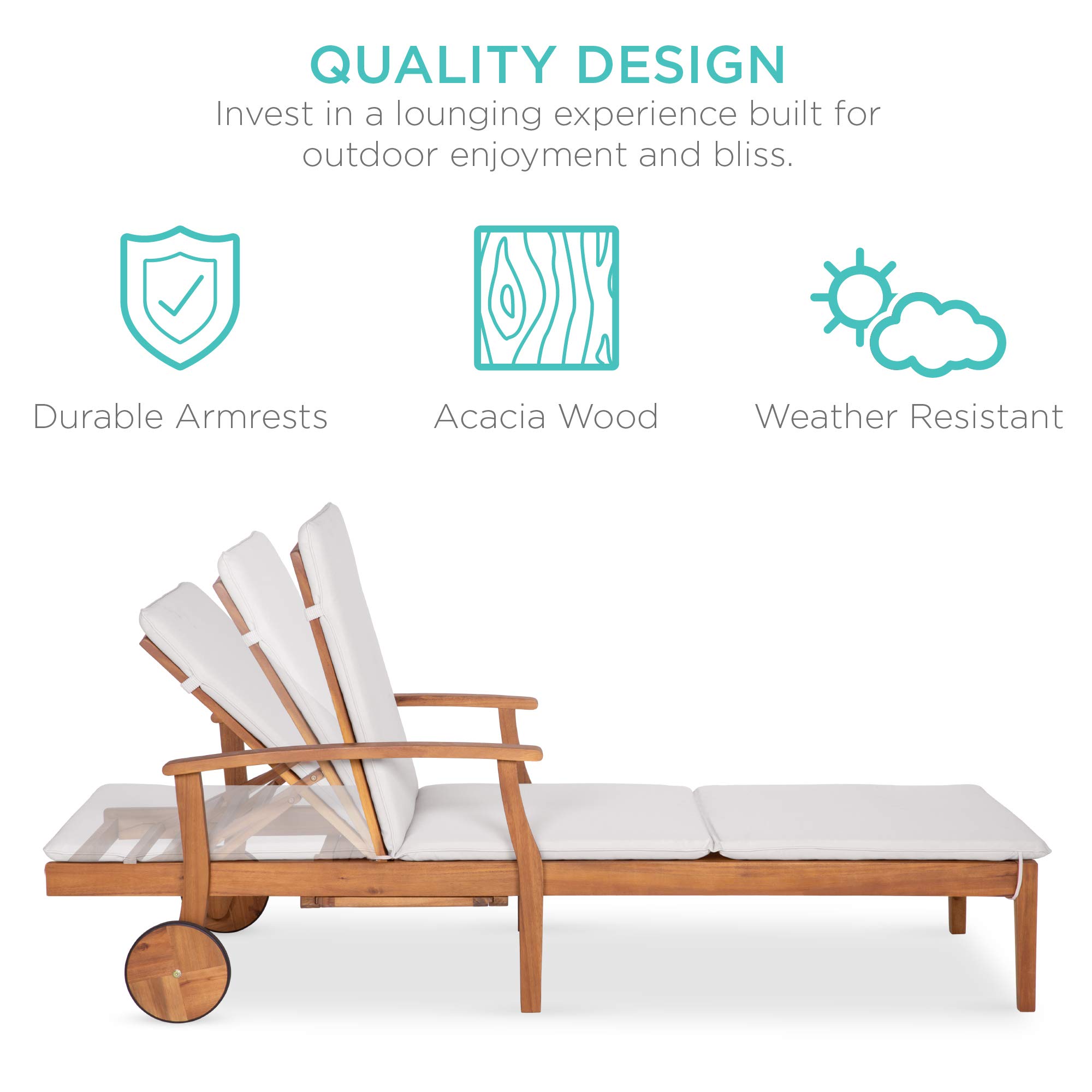 Best Choice Products 79x26in Acacia Wood Chaise Lounge Chair Recliner, Outdoor Furniture for Patio, Poolside w/Slide-Out Side Table, Foam-Padded Cushion, Adjustable Backrest, Wheels - Cream - Image 5