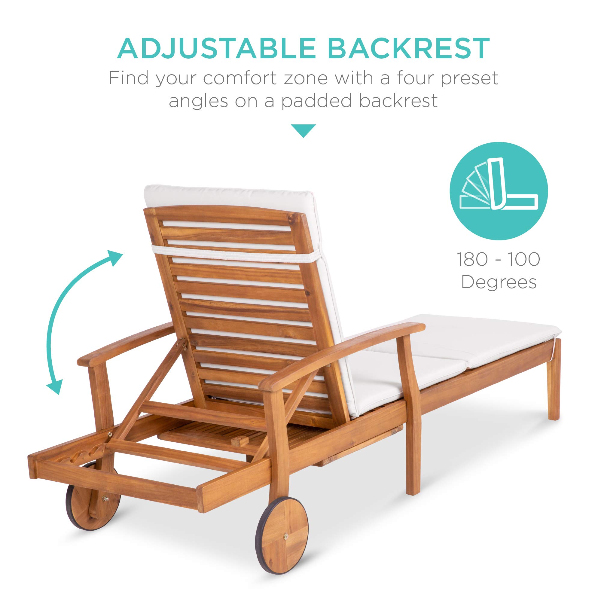Best Choice Products 79x26in Acacia Wood Chaise Lounge Chair Recliner, Outdoor Furniture for Patio, Poolside w/Slide-Out Side Table, Foam-Padded Cushion, Adjustable Backrest, Wheels - Cream - Image 6