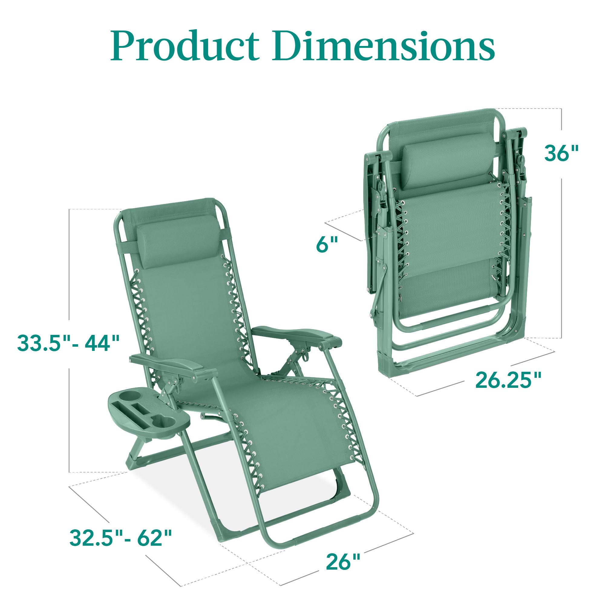 Best Choice Products Adjustable Zero Gravity Chair, Monochromatic Color Folding Patio Recliner w/Side Tray, Headrest - Seafoam - Image 3