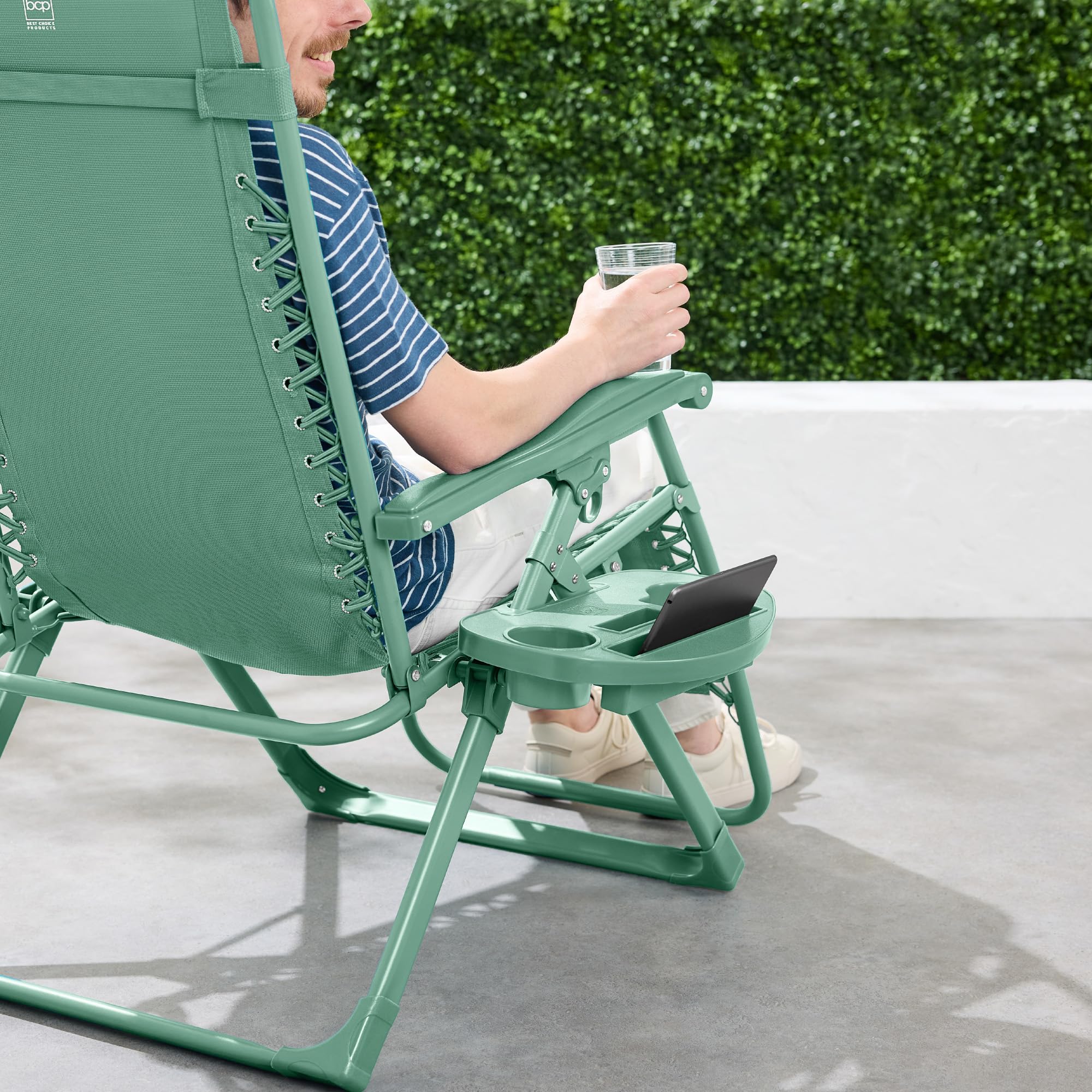 Best Choice Products Adjustable Zero Gravity Chair, Monochromatic Color Folding Patio Recliner w/Side Tray, Headrest - Seafoam - Image 5