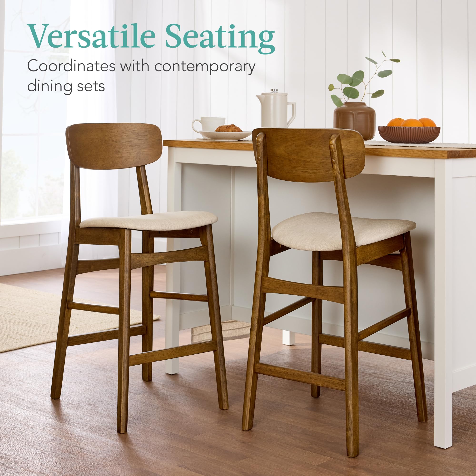 Best Choice Products Bar Stool Set of 2, Modern Farmhouse Counter Height Stools w/Upholstered Cushioned Seat, Wooden Curved Backrest - Walnut/Cream - Image 4