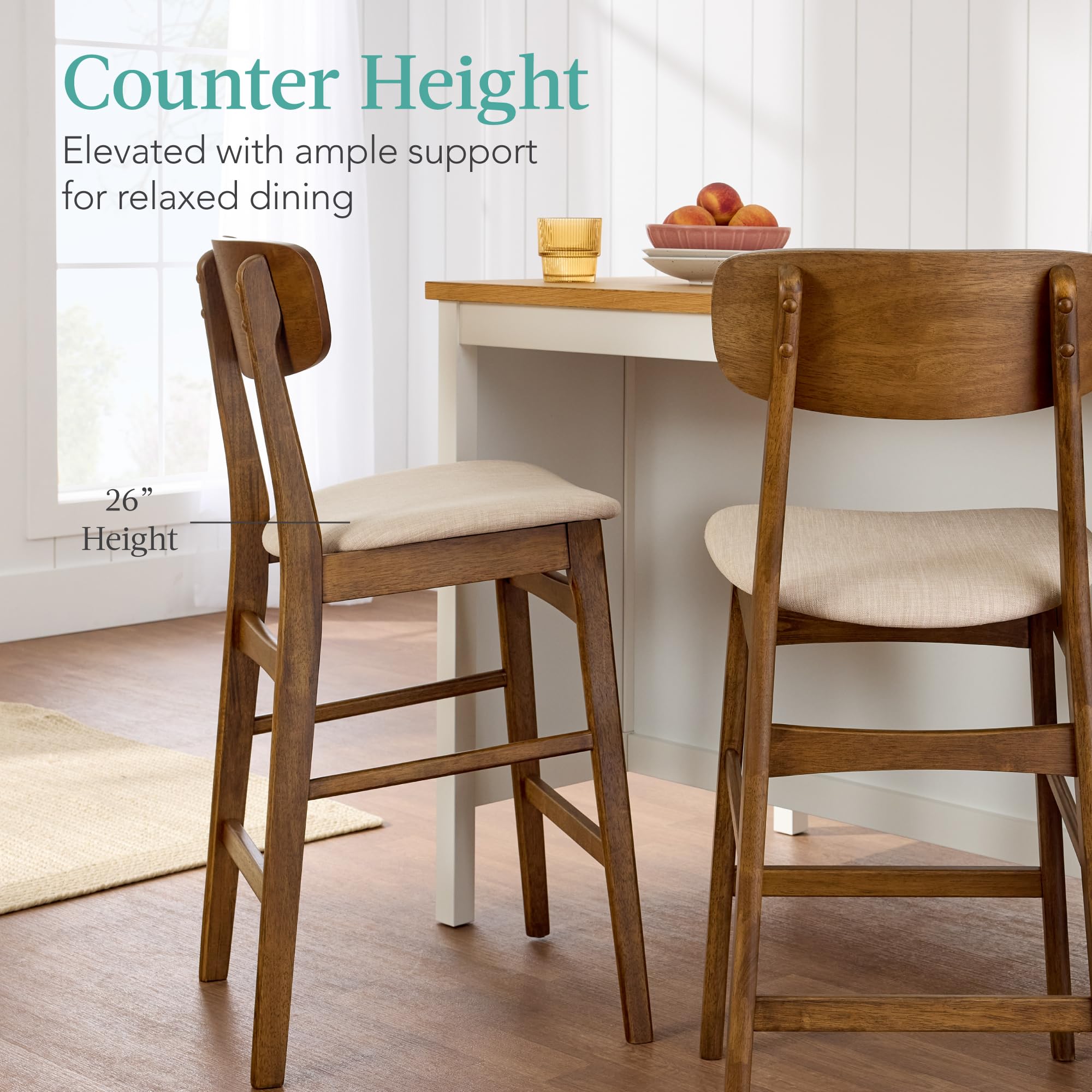 Best Choice Products Bar Stool Set of 2, Modern Farmhouse Counter Height Stools w/Upholstered Cushioned Seat, Wooden Curved Backrest - Walnut/Cream - Image 5