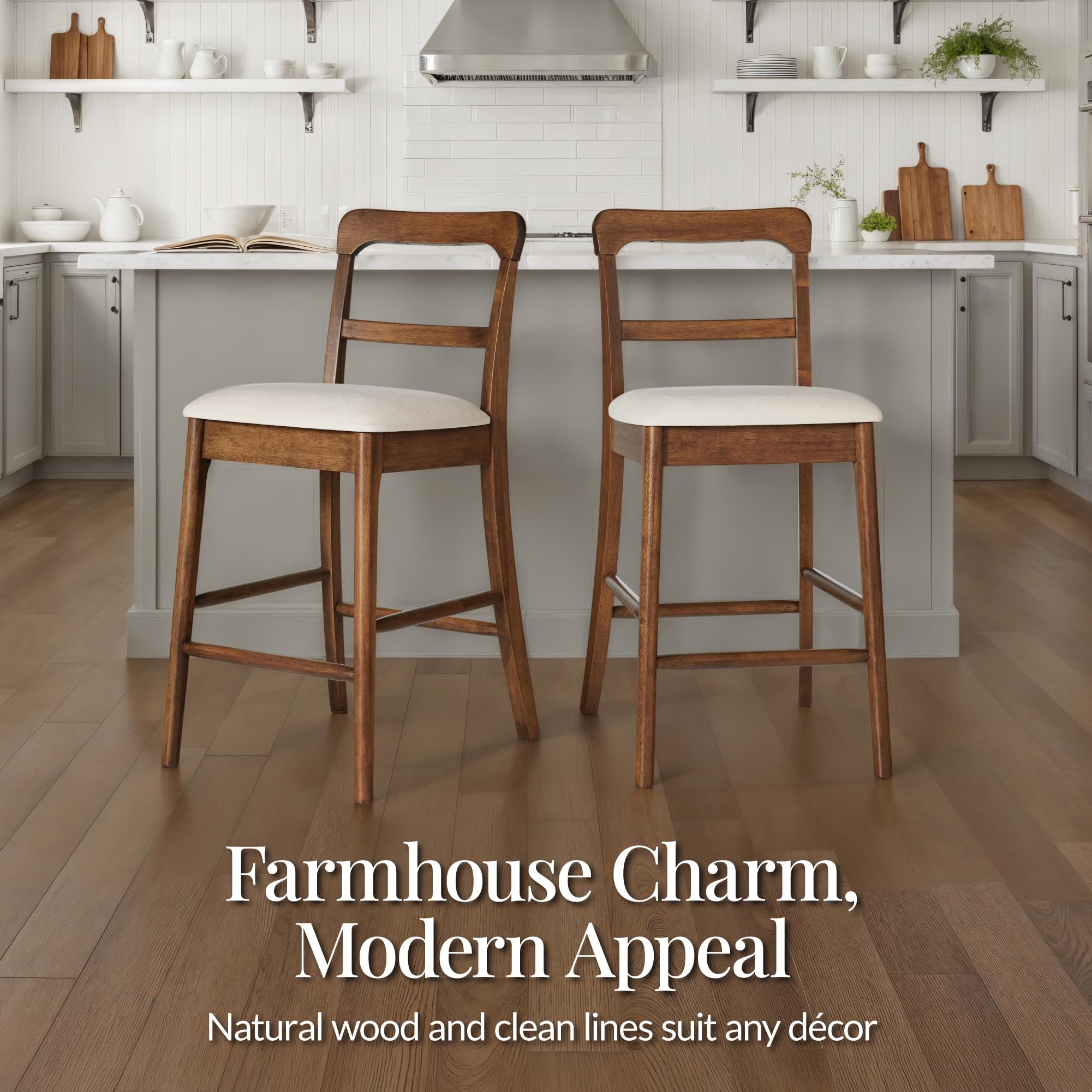 Best Choice Products Bar Stool Set of 2, Modern Farmhouse Counter Height Stools w/Upholstered Cushioned Seat, Wooden Curved Backrest - Chestnut/Cream - Image 5