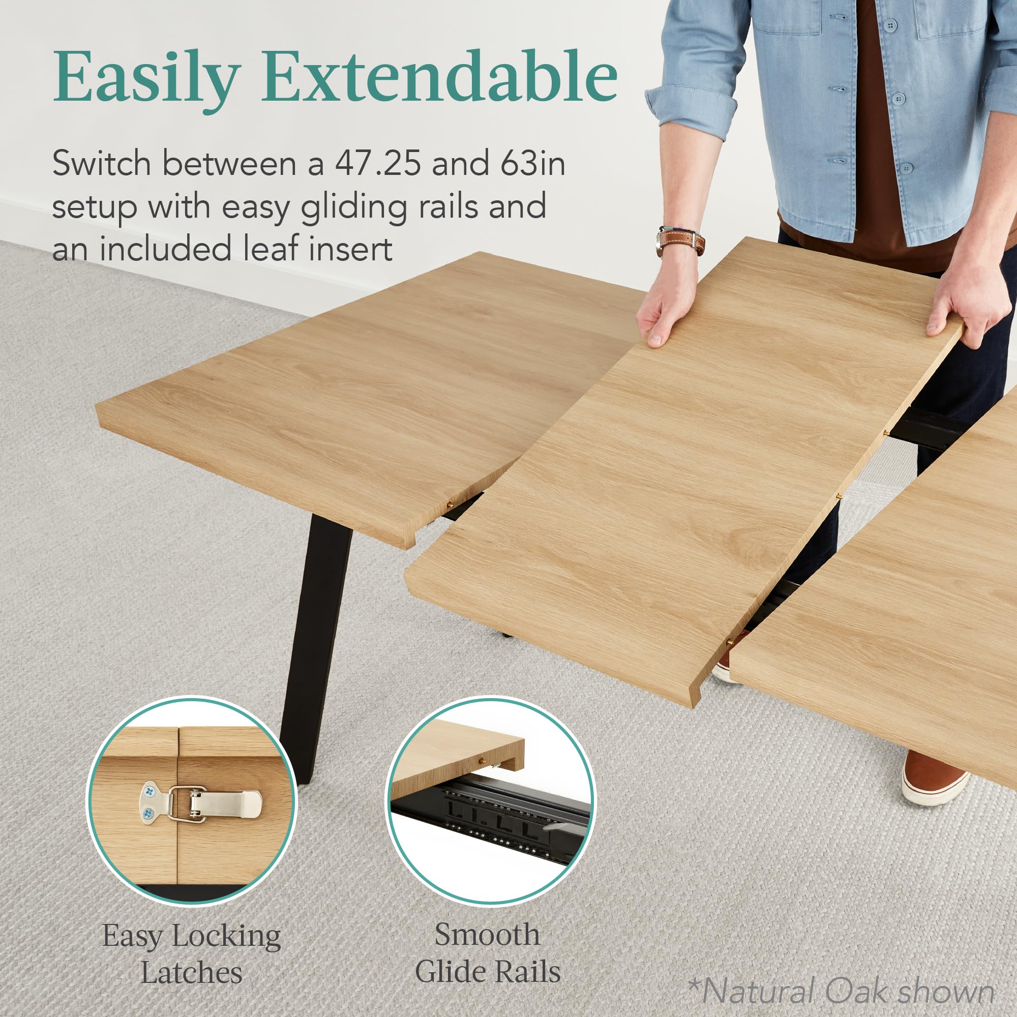 Best Choice Products Extendable Dining Table 47 to 63in Modern Large Expanding Kitchen Table up to 6 People w/Leaf Extension, 2 Locks, 132lb Capacity - Brown - Image 3