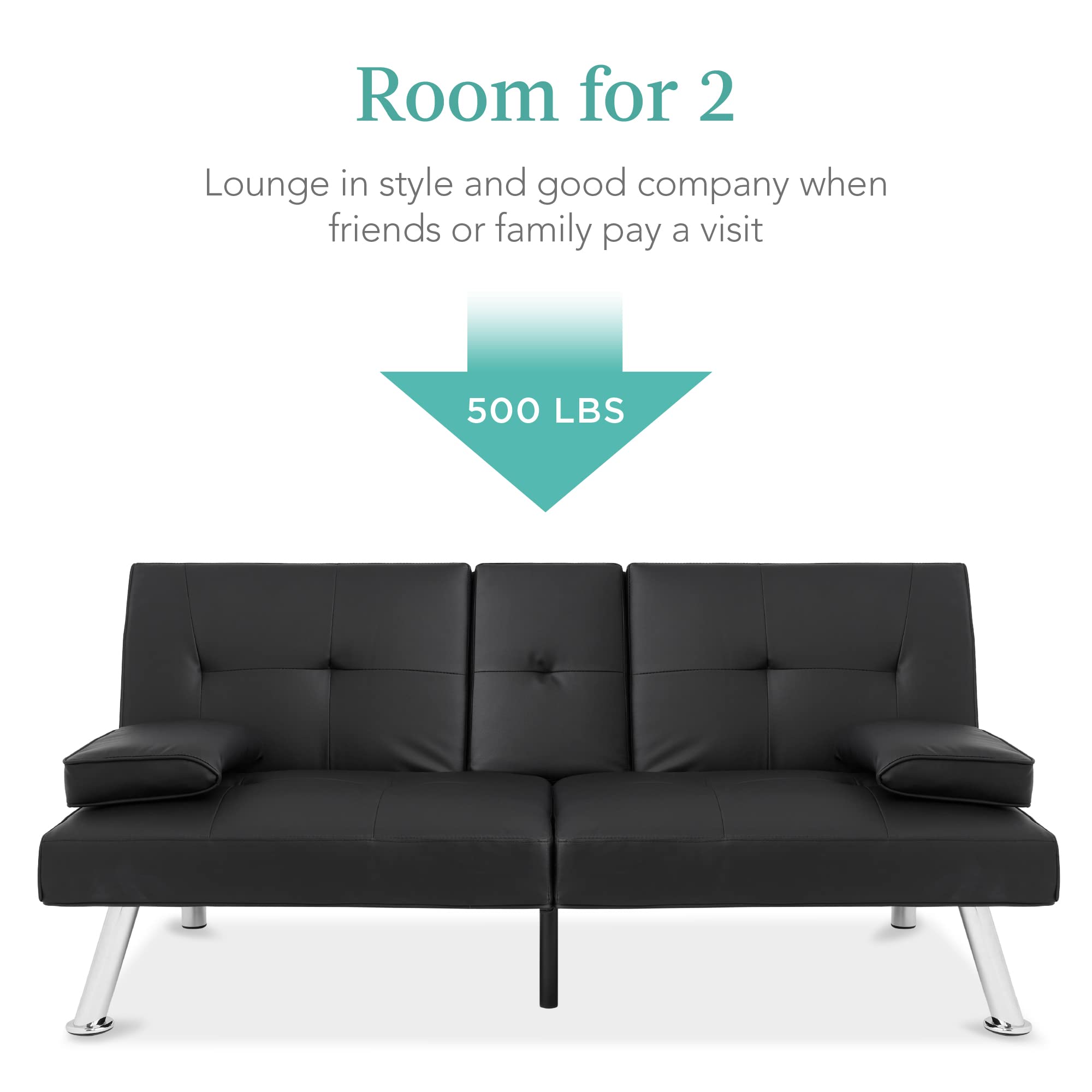 Best Choice Products Faux Leather Upholstered Modern Convertible Futon, Adjustable Folding Sofa Bed, Guest Bed w/Removable Armrests - Black - Image 4