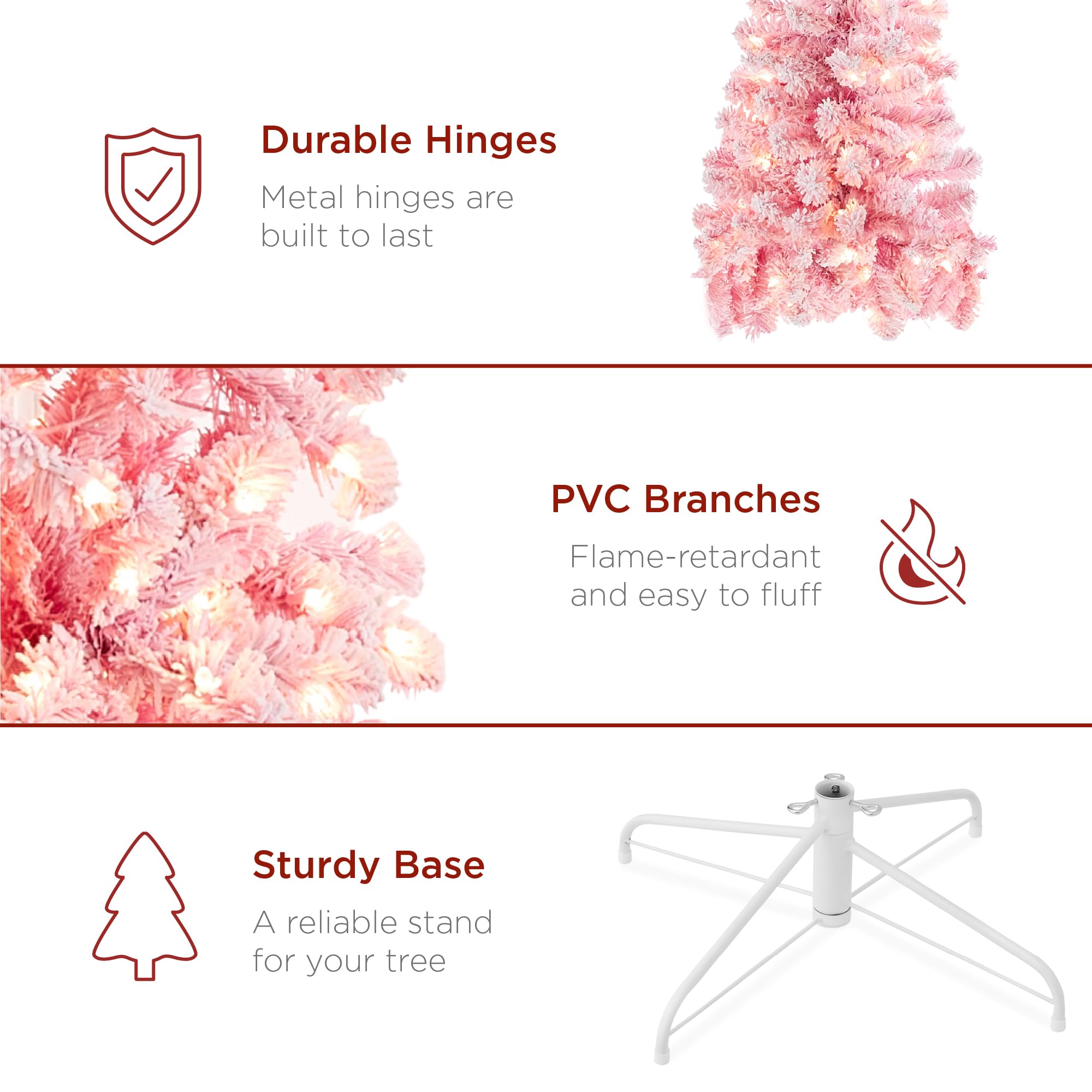 Best Choice Products Flocked Pink Pencil Christmas Tree, Pre-Lit Slim Artificial Holiday Decoration, 7.5ft Lighted Skinny w/Base, Warm White Lights - Image 6