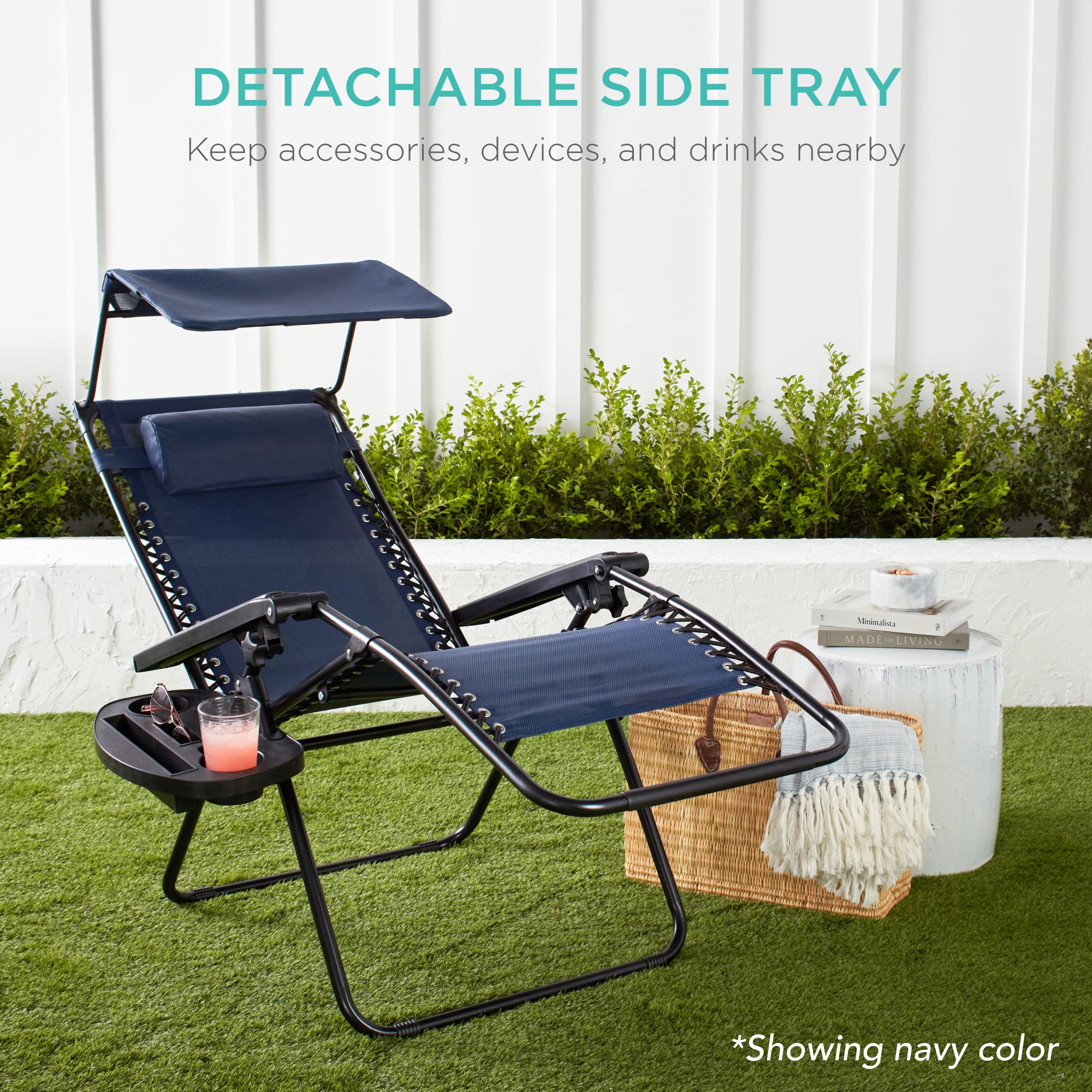 Best Choice Products Folding Zero Gravity Outdoor Recliner Patio Lounge Chair w/Adjustable Canopy Shade, Headrest, Side Accessory Tray, Textilene Mesh - Beige - Image 7