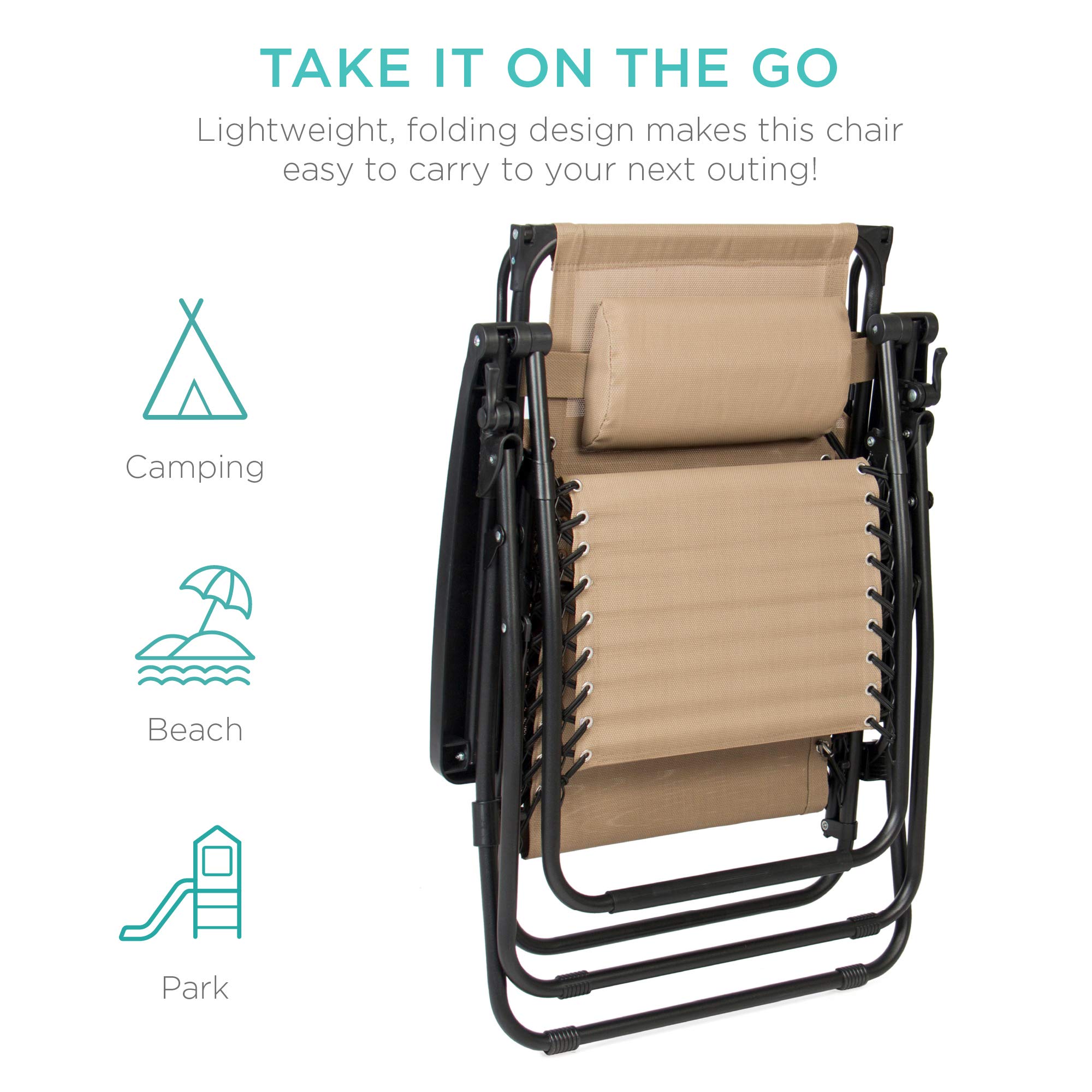 Best Choice Products Folding Zero Gravity Outdoor Recliner Patio Lounge Chair w/Adjustable Canopy Shade, Headrest, Side Accessory Tray, Textilene Mesh - Beige - Image 8