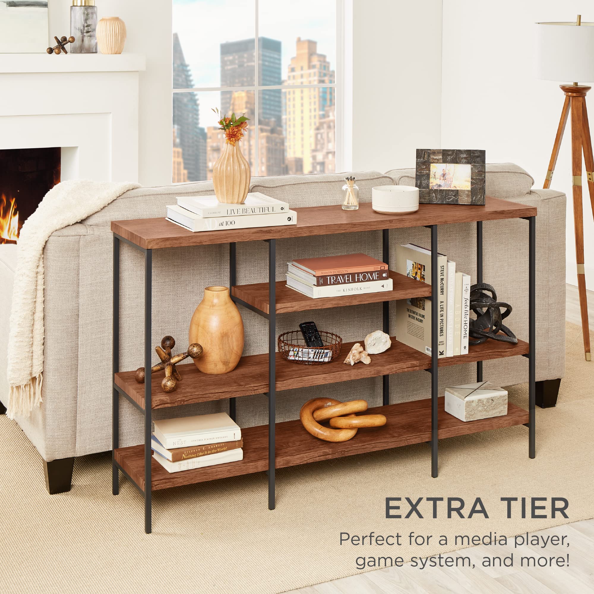 Best Choice Products Large Console Table, 4-Tier 55in Rustic, Industrial Sofa Table Storage for Living Room, Entryway, Foyer, Hallway w/EVA Non-Scratch Feet, Steel Frame - Brown - Image 5