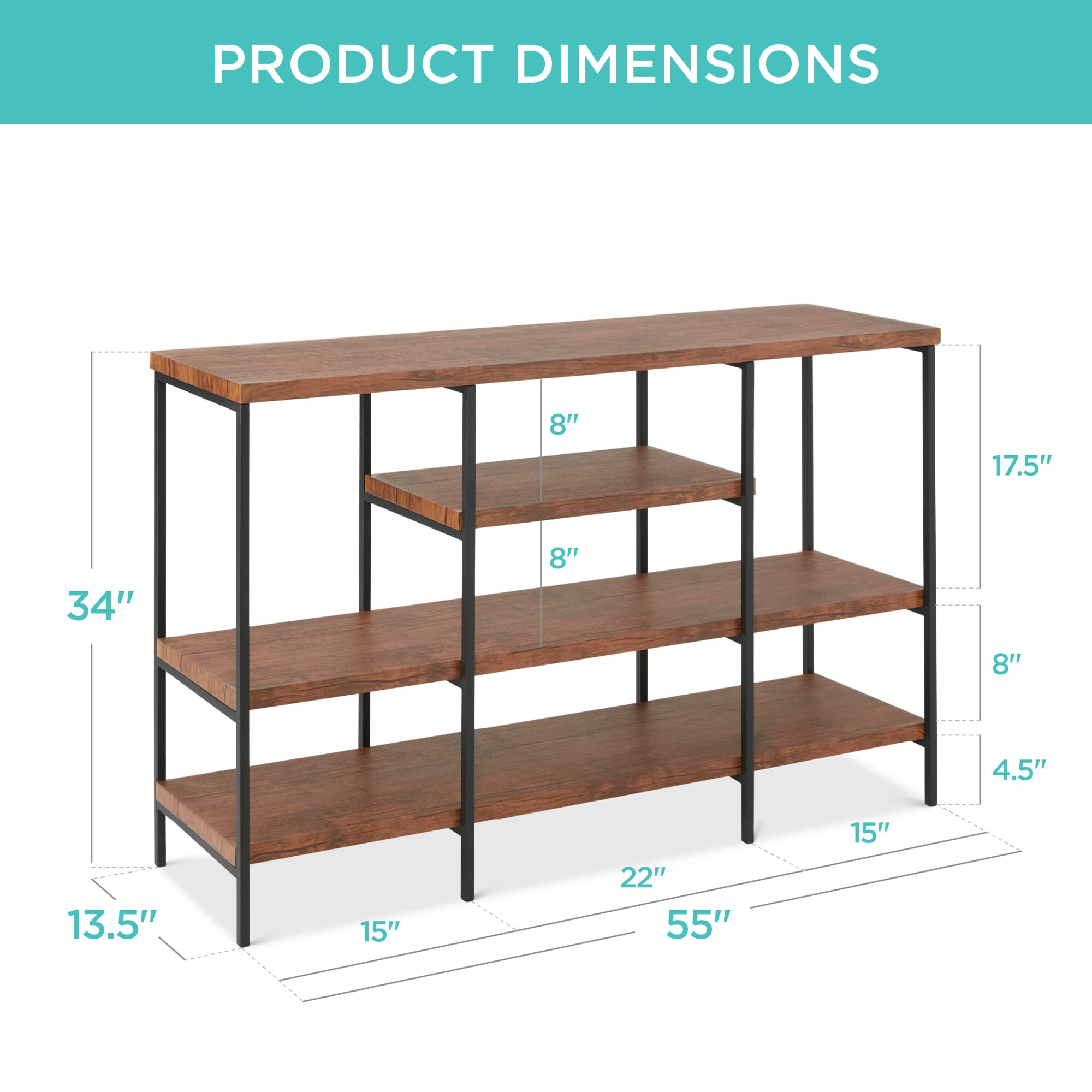 Best Choice Products Large Console Table, 4-Tier 55in Rustic, Industrial Sofa Table Storage for Living Room, Entryway, Foyer, Hallway w/EVA Non-Scratch Feet, Steel Frame - Brown - Image 7