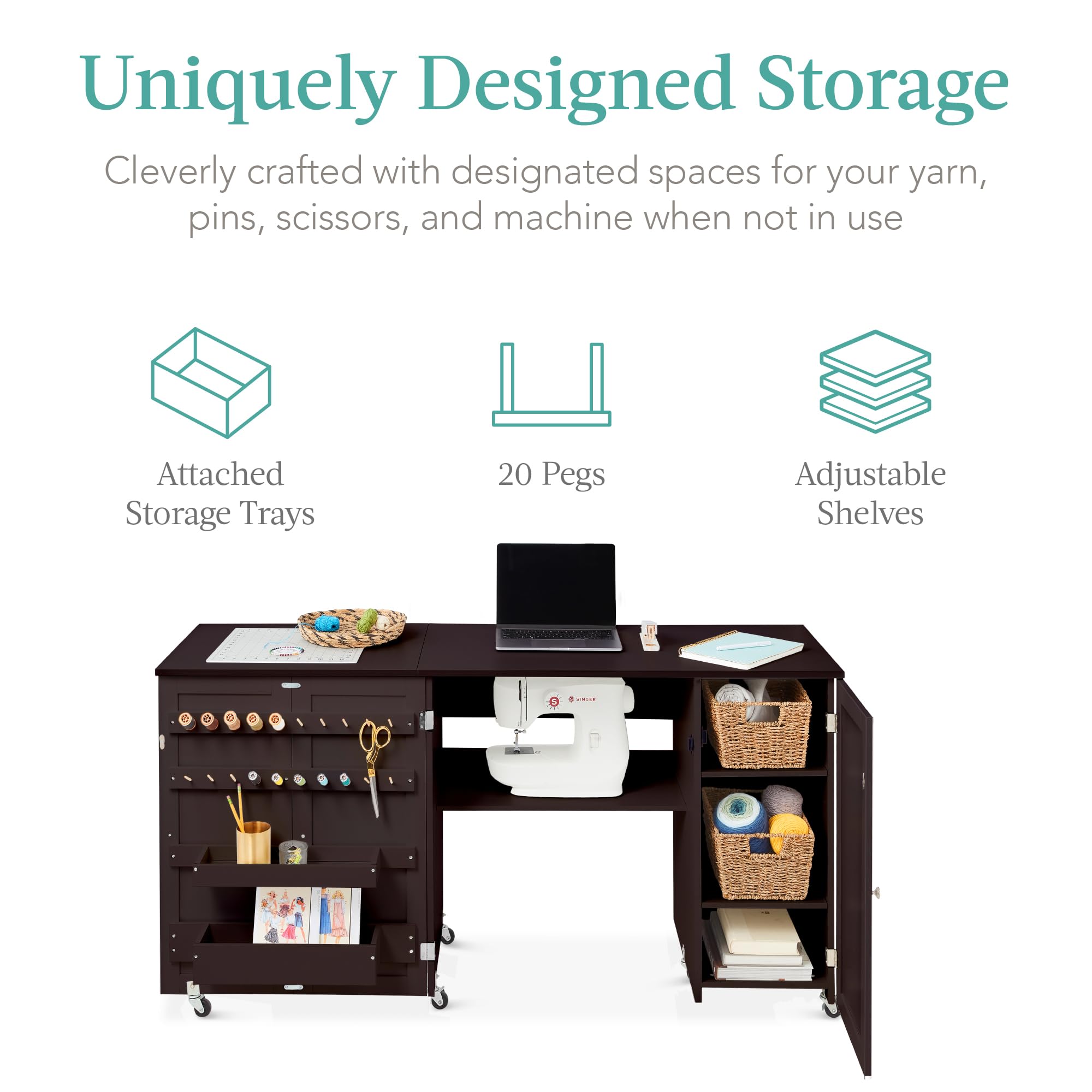 Best Choice Products Large Folding Sewing Table, Multipurpose Portable Craft Station & Side Desk w/Compact Design, Caster Wheels, Storage Shelves, 2 Storage Trays, Magnetic Doors - Brown - Image 3