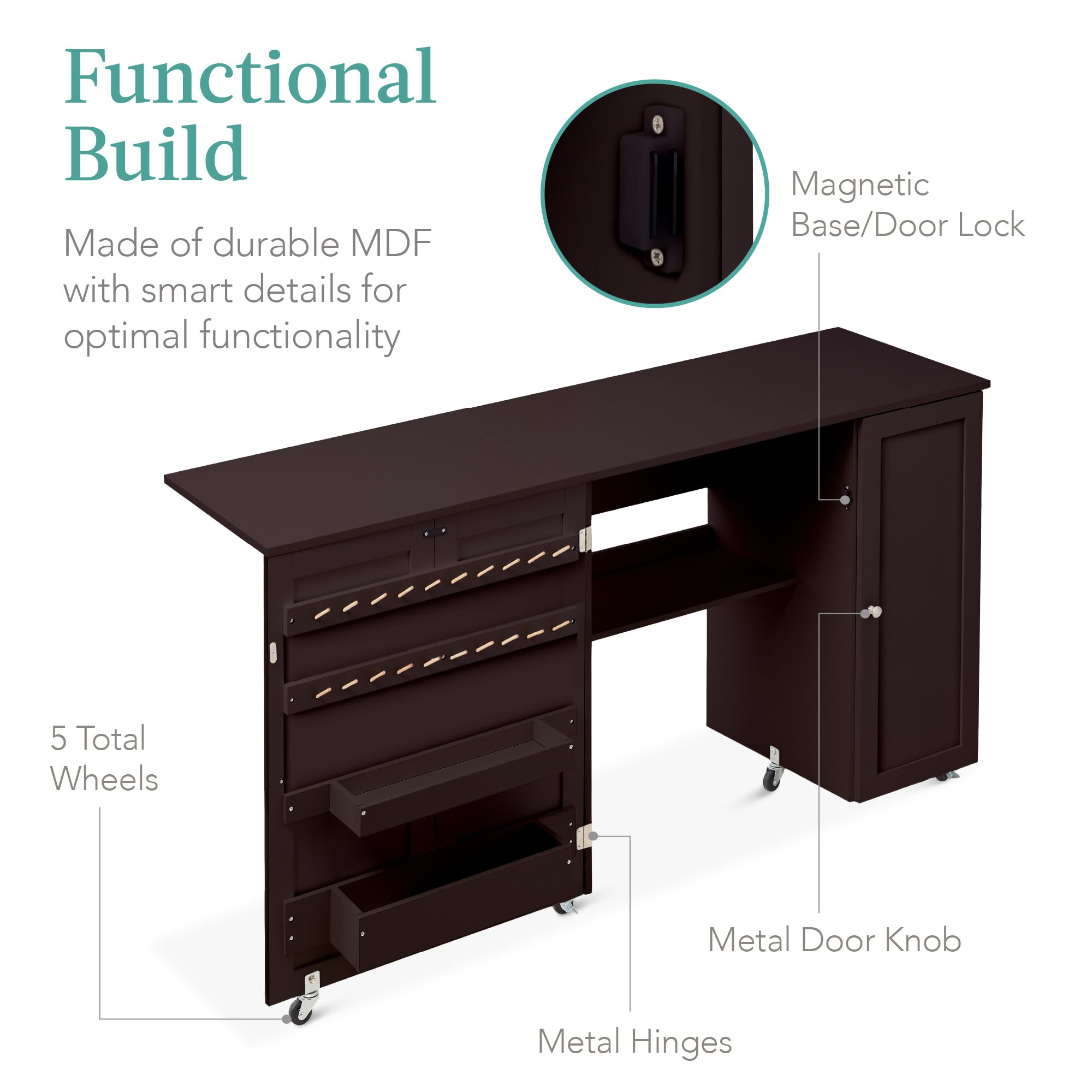 Best Choice Products Large Folding Sewing Table, Multipurpose Portable Craft Station & Side Desk w/Compact Design, Caster Wheels, Storage Shelves, 2 Storage Trays, Magnetic Doors - Brown - Image 7