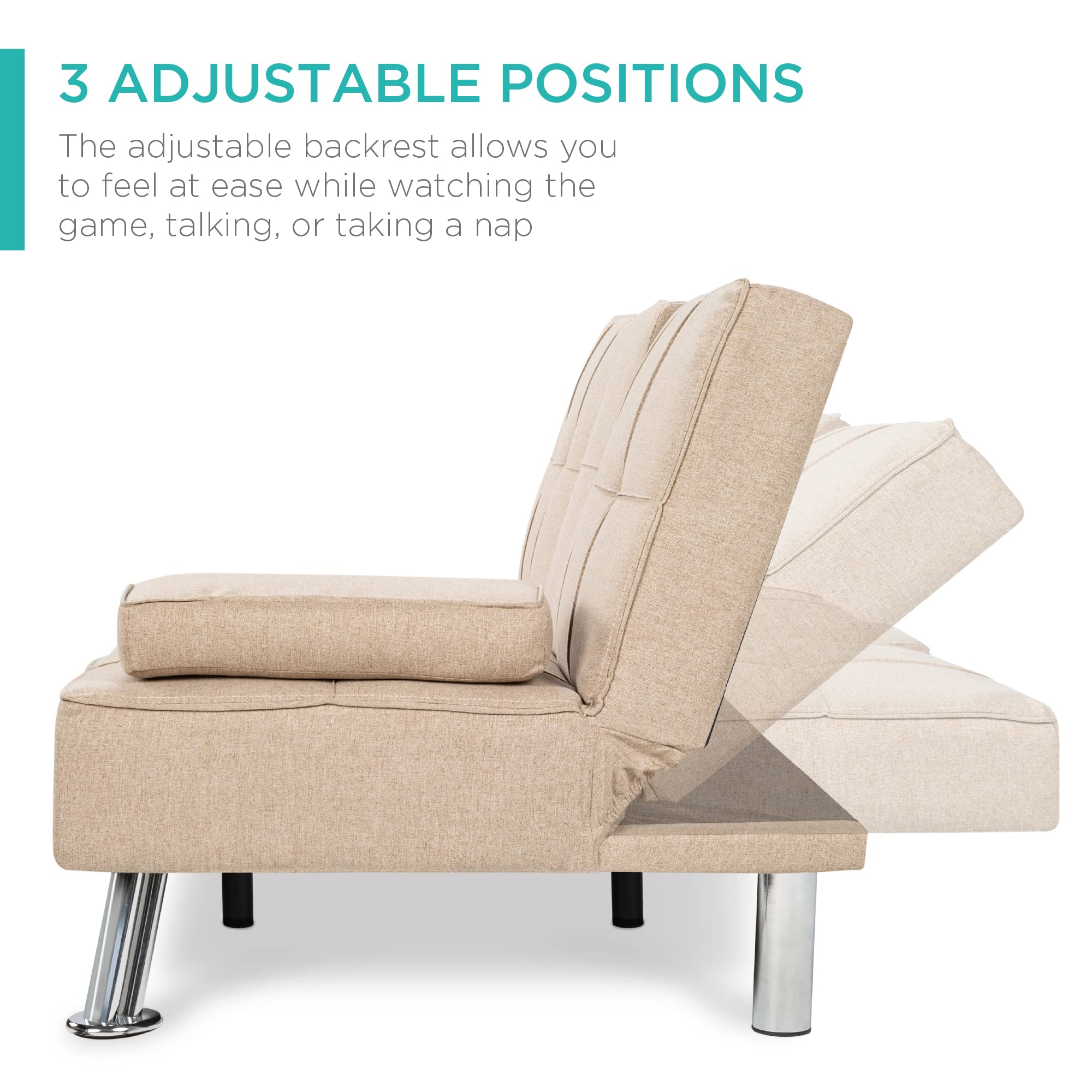 Best Choice Products Linen Modern Folding Futon, Reclining Sofa Bed for Apartment, Dorm w/Removable Armrests, 2 Cupholders - Beige - Image 3