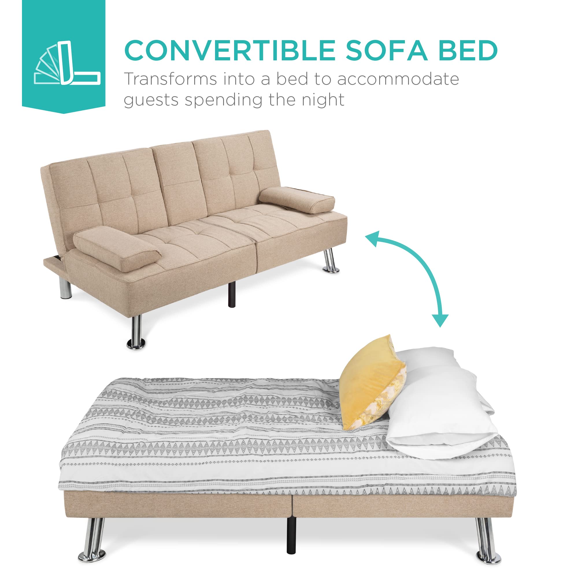 Best Choice Products Linen Modern Folding Futon, Reclining Sofa Bed for Apartment, Dorm w/Removable Armrests, 2 Cupholders - Beige - Image 5