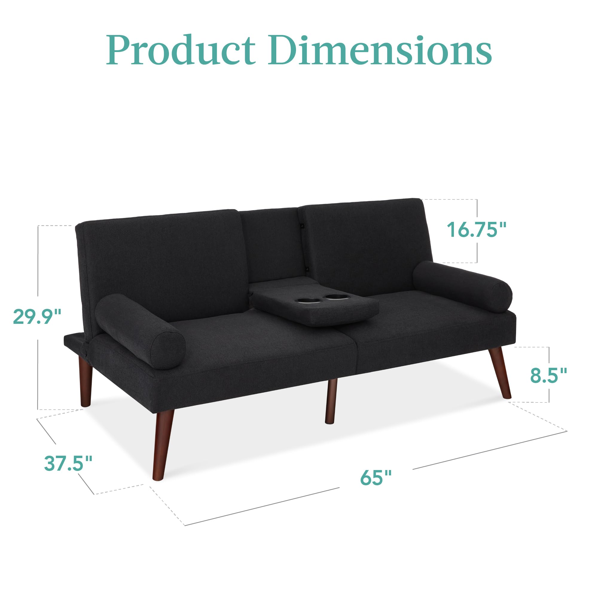 Best Choice Products Mid-Century Modern Upholstered Futon, Convertible Folding Sofa Bed, Small Couch w/Rounded Armrests, 2 Cupholders - Black - Image 3