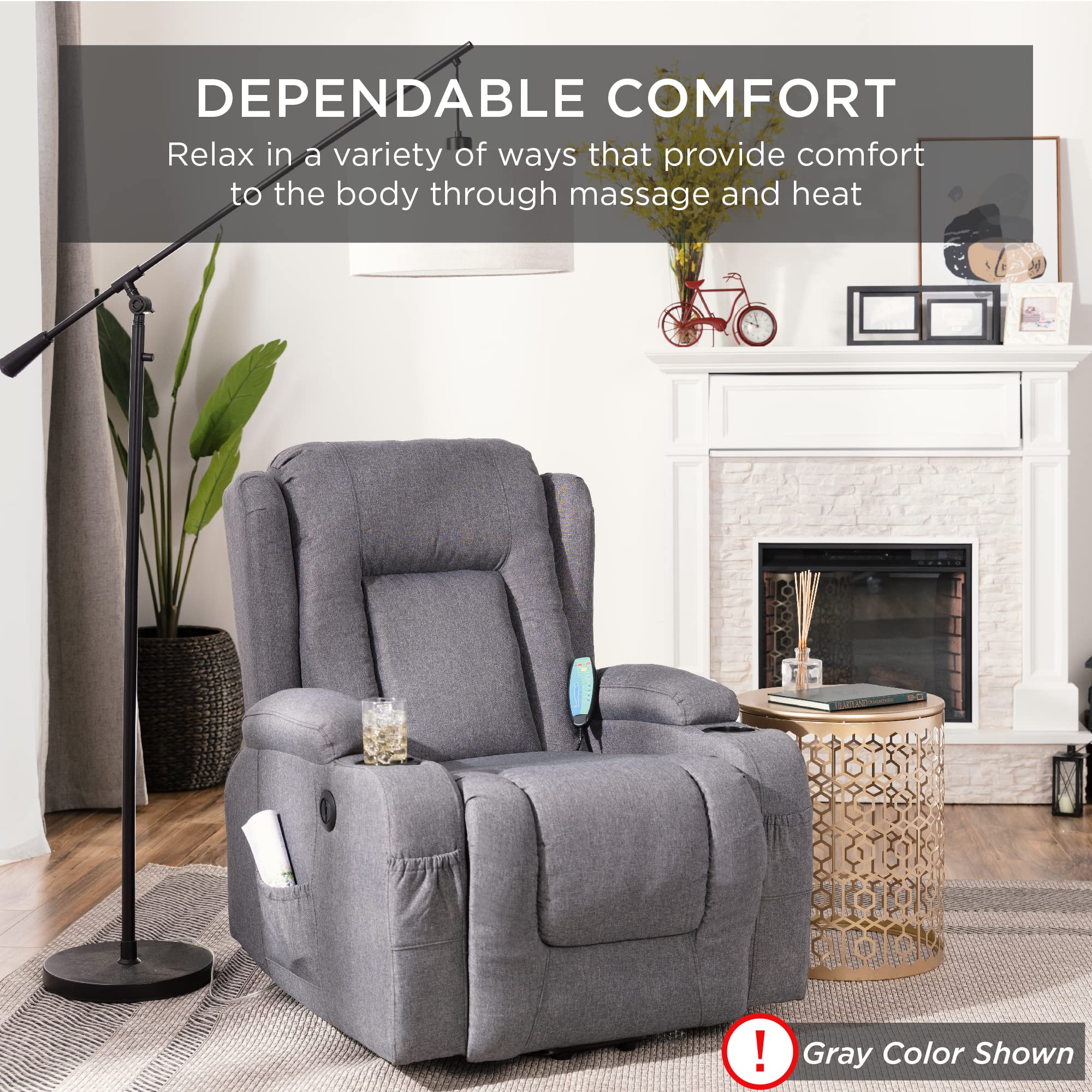 Best Choice Products Modern Linen Electric Power Lift Chair, Recliner Massage Chair, Adjustable Furniture for Back, Legs w/ 3 Positions, USB Port, Heat, Cupholders, Easy-to-Reach Button - Black - Image 3